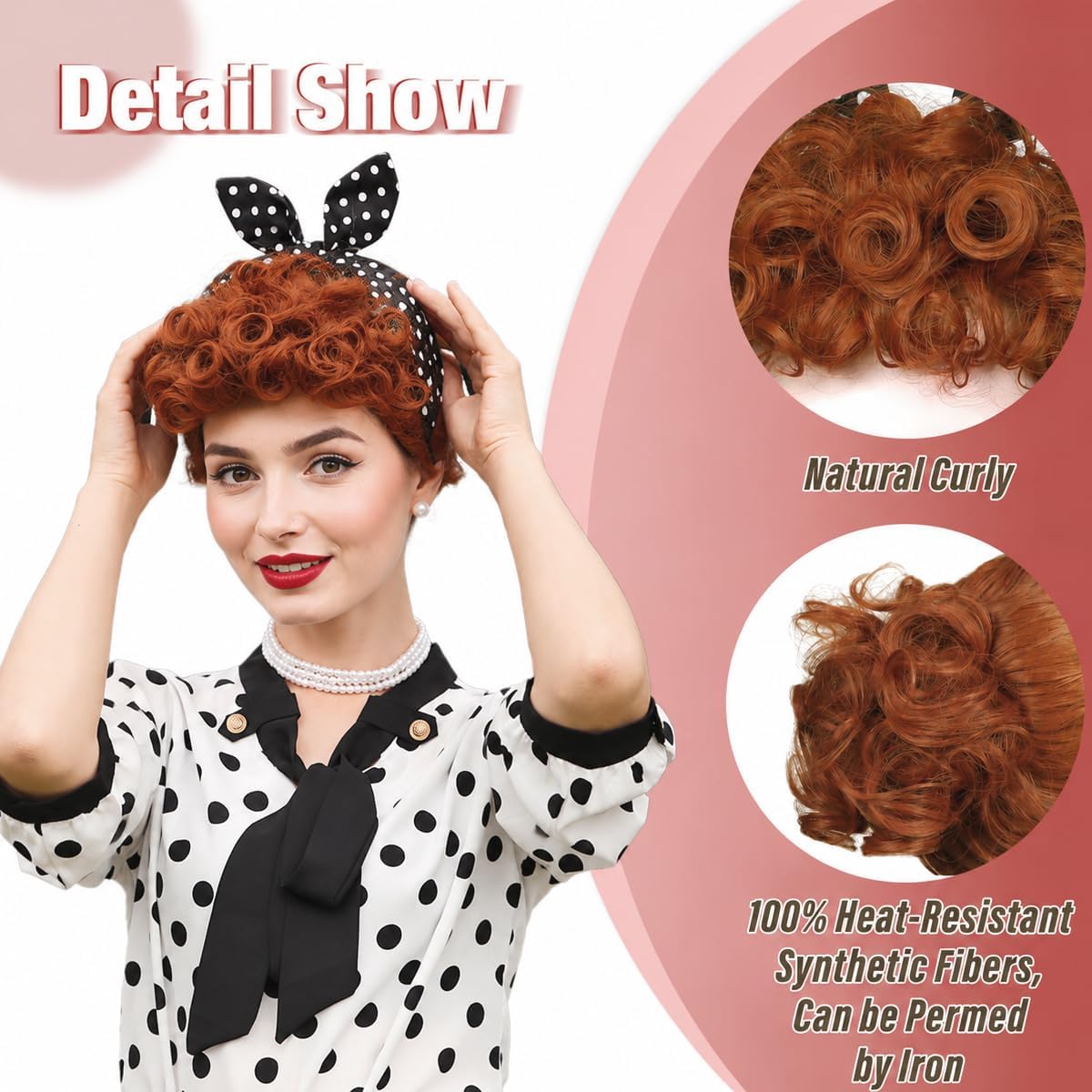 Light Auburn Wig with Headband Earrings and Necklace Costume 50S Housewife Cosplay Wig for Halloween