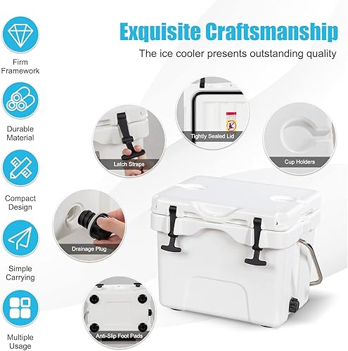 Miniatura 6 de COSTWAY Enfriador de 16 cuartos de galón, caja de hielo aislada para 24 latas con mango resistente y 2 portavasos, retención de hielo de 3 a 5 días,