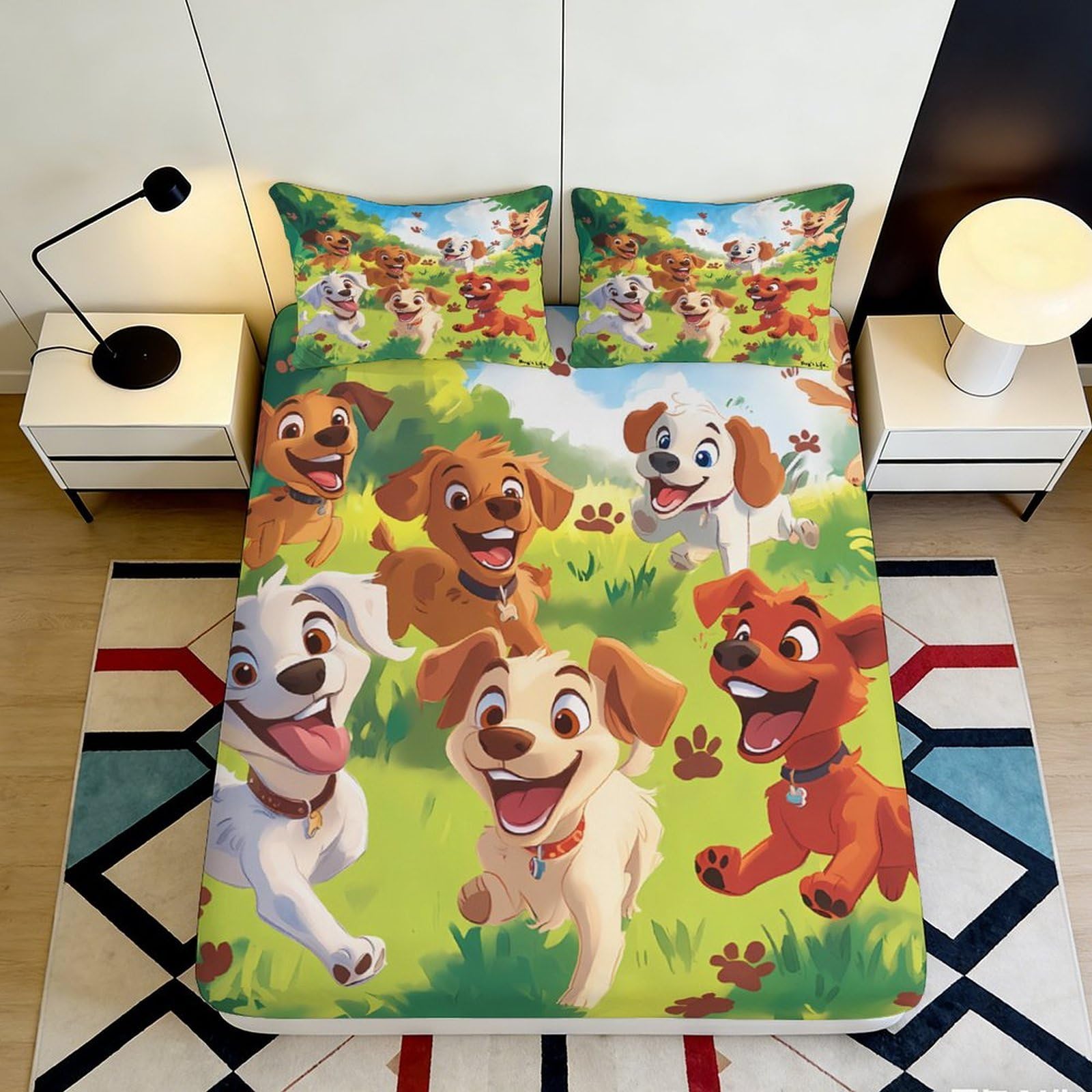 3D Printed Cartoon Puppy Fitted Sheet Microfiber Soft Breathable Playful Dogs Bed Cover for Bedroom Dormitory Guest Room Mattress Protection Decor 120x200x25cm