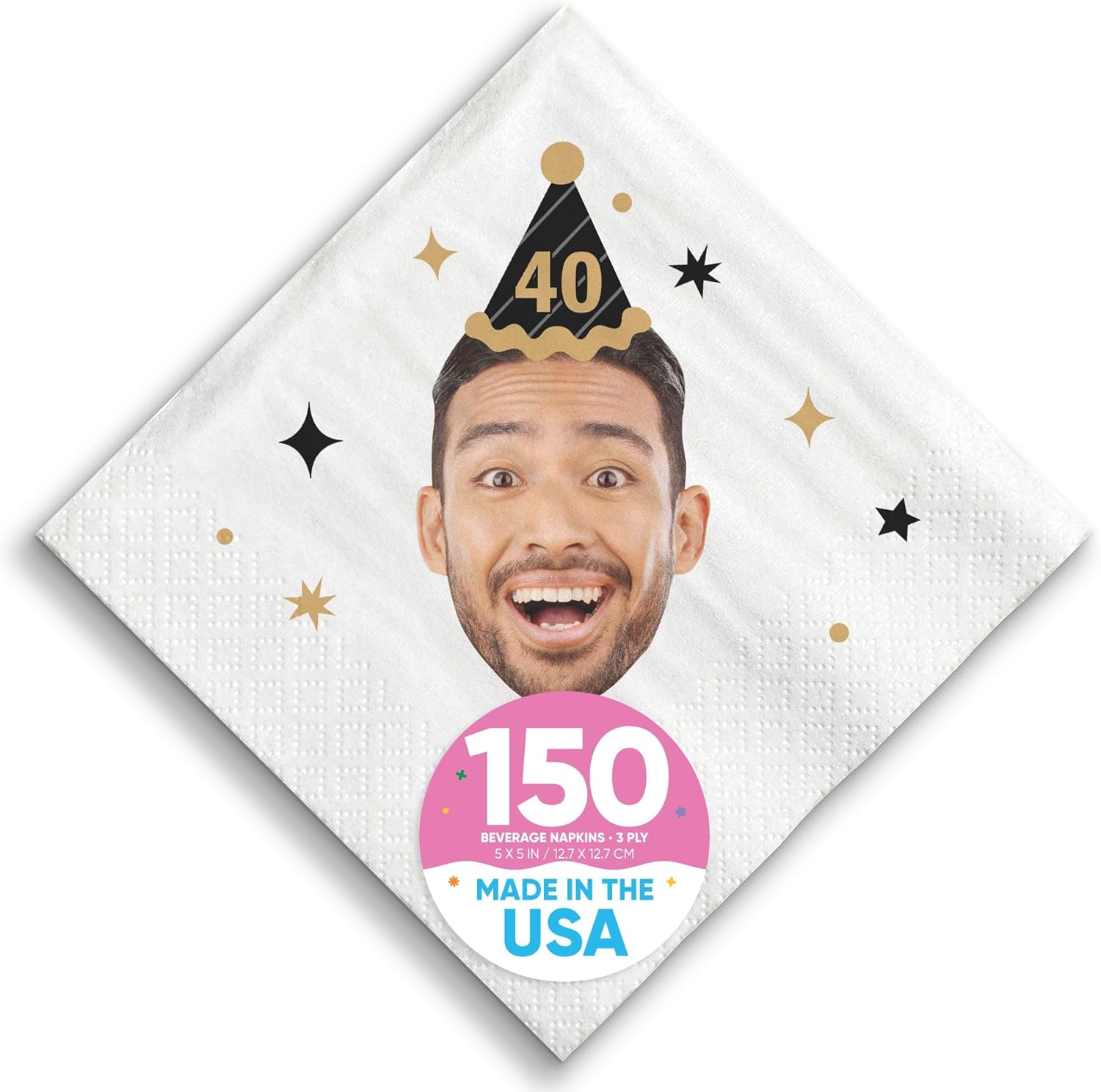 Big Dot of Happiness Custom Photo Black & Gold Birthday Face Party Napkins, Personalized Adult Birthday Age Decor, White 3-Ply Paper Beverage Napkins - 150 Count