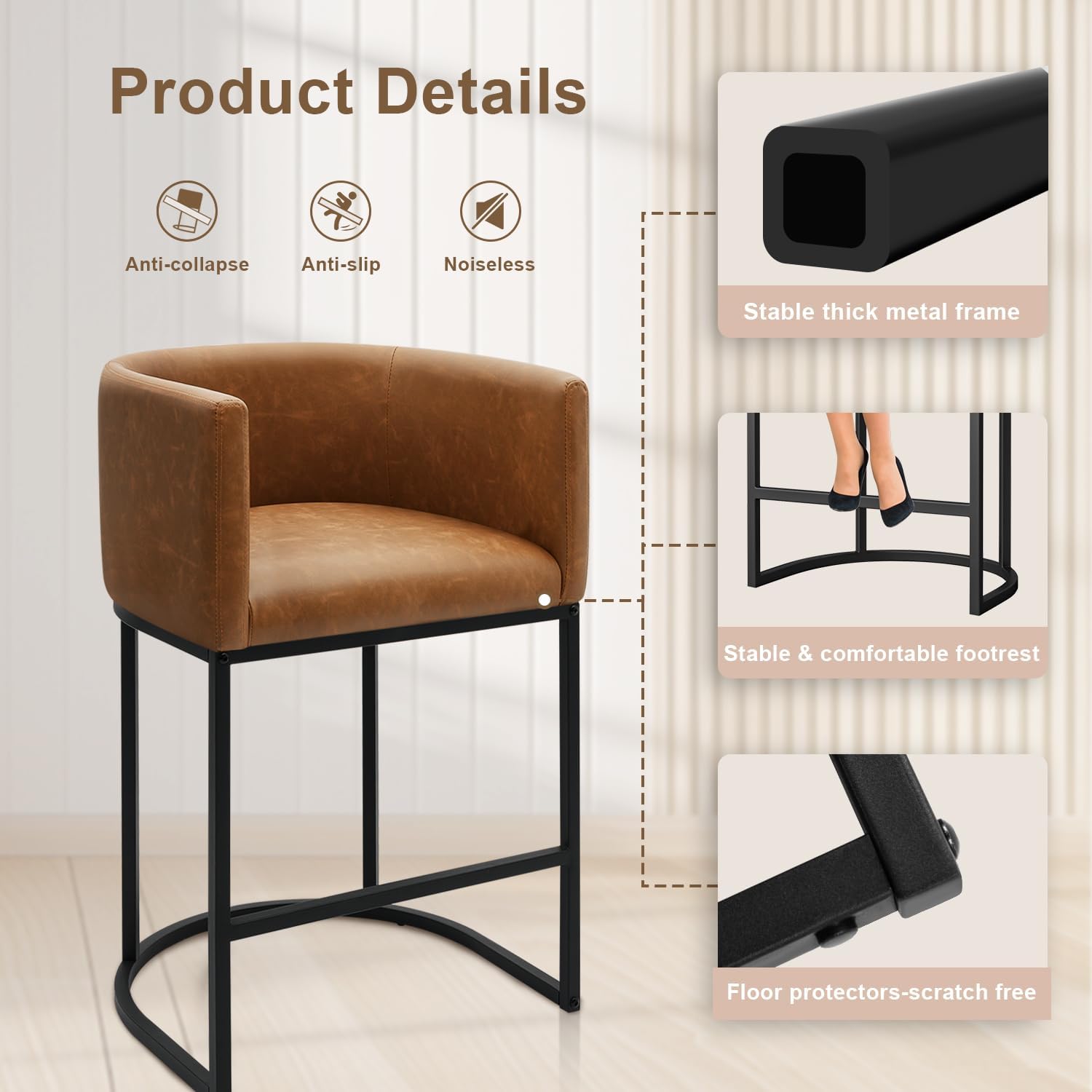 26" H Counter Height Bar Stools Set of 3, Modern Barrel Counter Stools with Backrest and Arms, Faux Leather Upholstered Accent Barstools for Kitchen Island,Support 450 LBS（Walnut）
