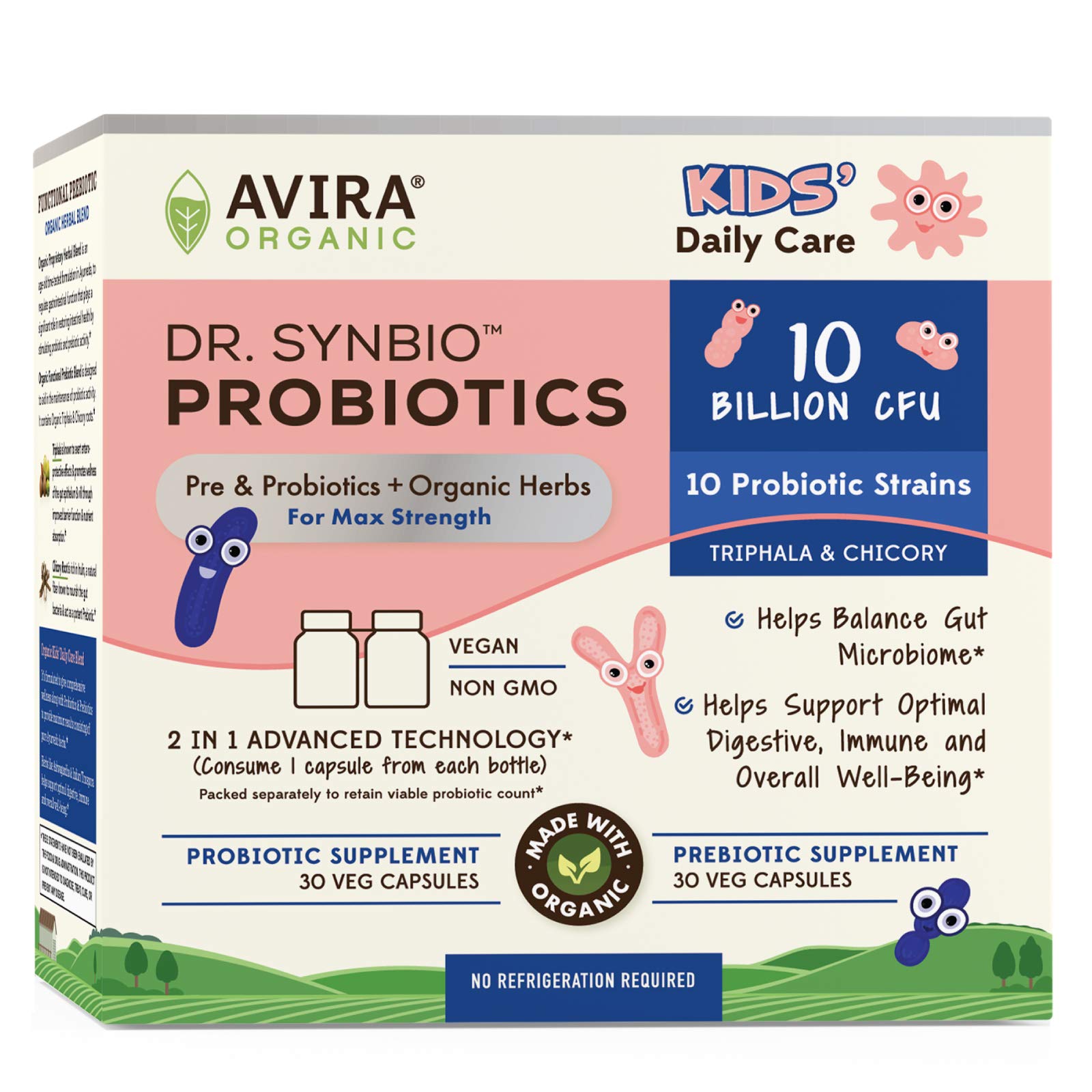 Dr Synbio Kids Daily Care Probiotics and Organic Prebiotics, Triphala and Chicory, 10 Billion CFU and Multiple Strains, Helps Support Optimal Digestive and Immune System