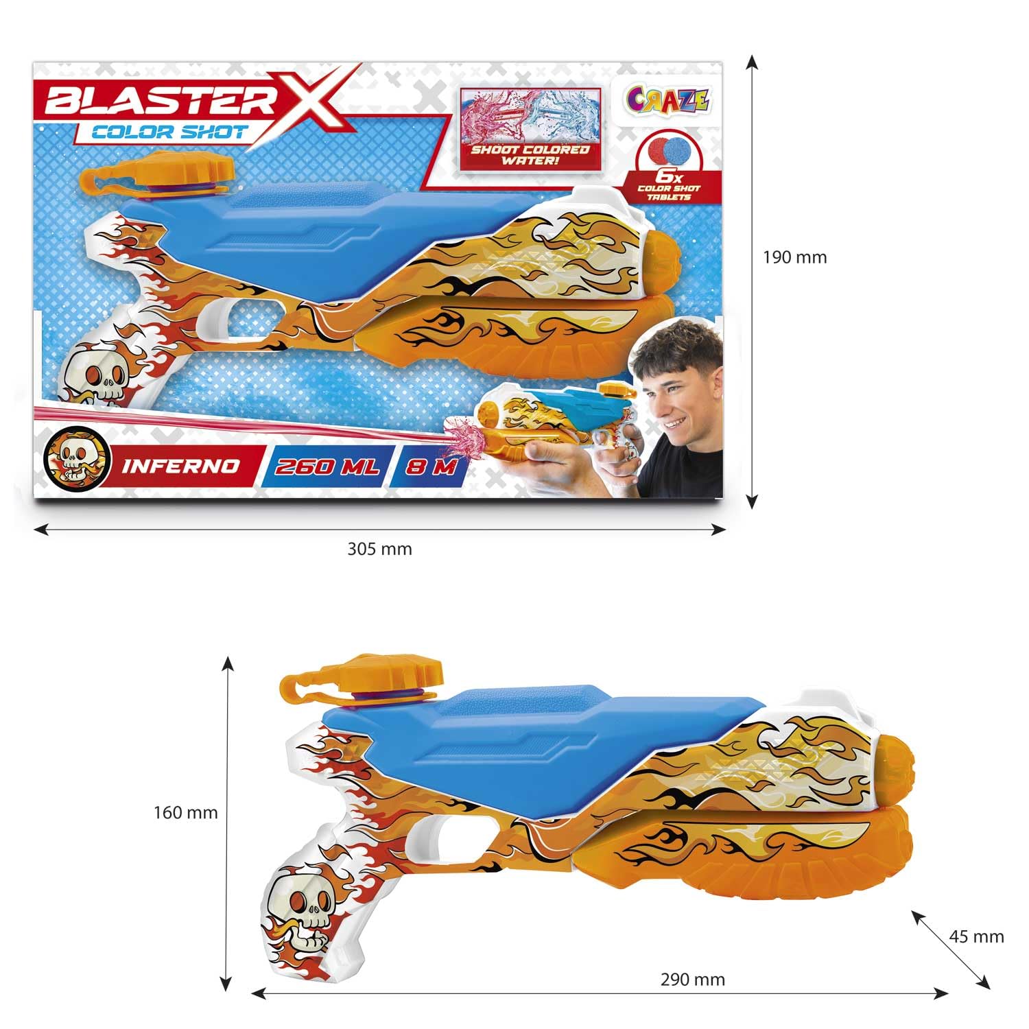 CRAZE Blaster-X Water Guns Medium – pistolet na wodę dla dzieci 30 cm, pistolet natryskowy na wodę z tabletkami do farbowania, zasięg strzału 8 m, zabawka do walki wodnej