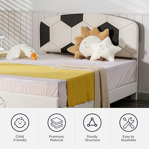 Miniatura 5 de ZAFLY Marco de cama de tamaño individual para niños, marco de cama infantil con cabecera de piel sintética, listones de madera fuertes, marco de