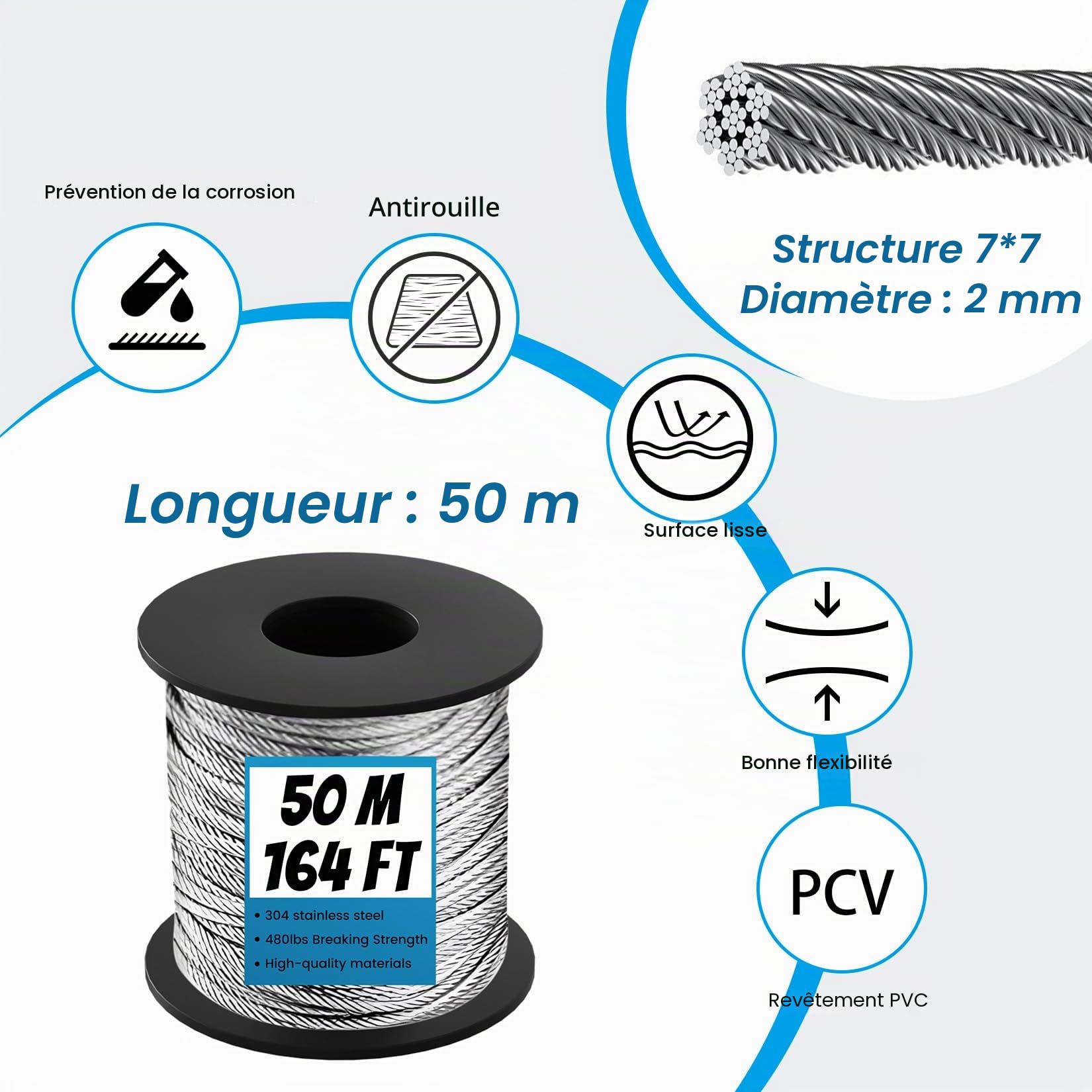 50M Corde en Acier Inoxydable à Suspendre Kit, Câble en Acier Inoxydable Revêtu avec M5 Tendeurs, Kit Cable Metallique pour Plantes Grimpante, Extérieur Suspension, Corde a linge, Lustre D'ExtéRieur