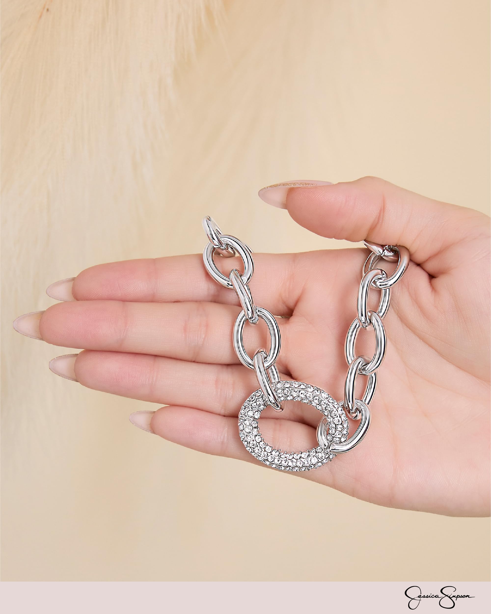 Jessica Simpson Chunky Necklace for Women, Silver-Tone Thick Chain Necklace with Crystal Pendant, Silver Jewelry