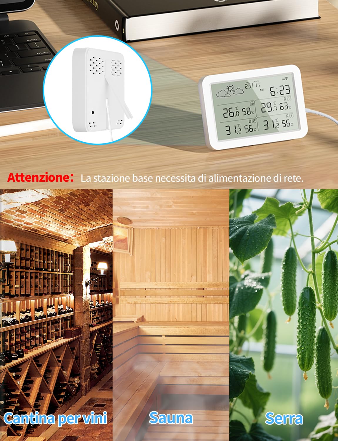Termometro Igrometro WLAN per Interni ed Esterni con Display LCD, Sensore di Temperatura WiFi con App, Compatibile con Tuya/Smart Life per Cantina, Serra, 4 Sensori e 1 Stazione Base