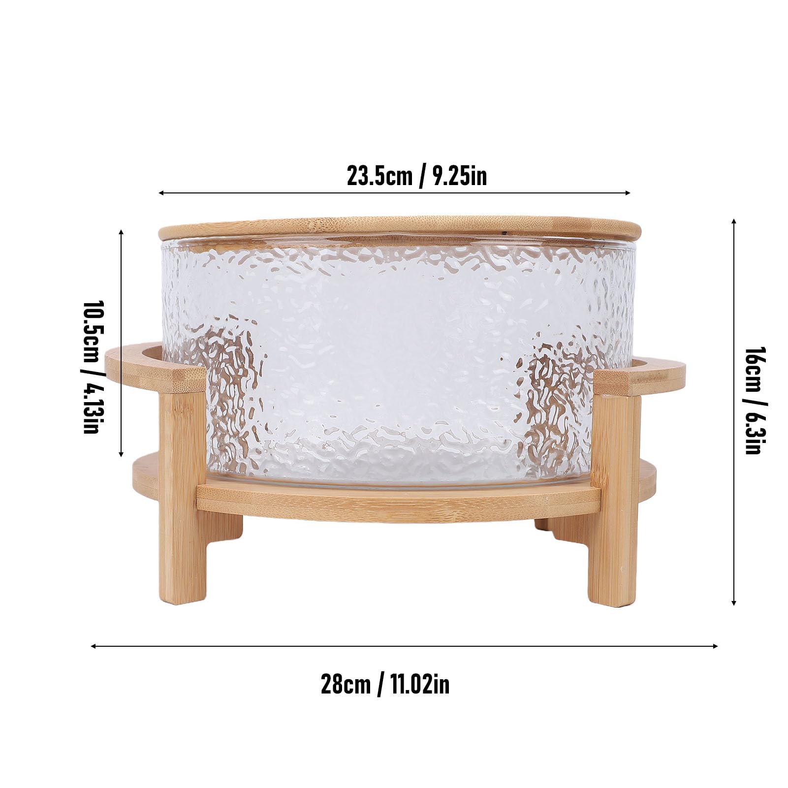 Fdit Ensaladera de Vidrio, Juego de Cuencos de Vidrio de Gran Capacidad de 4,3 L con Base de Madera y Tapa a Juego para Comidas Familiares, Fiestas, Postres de Frutas