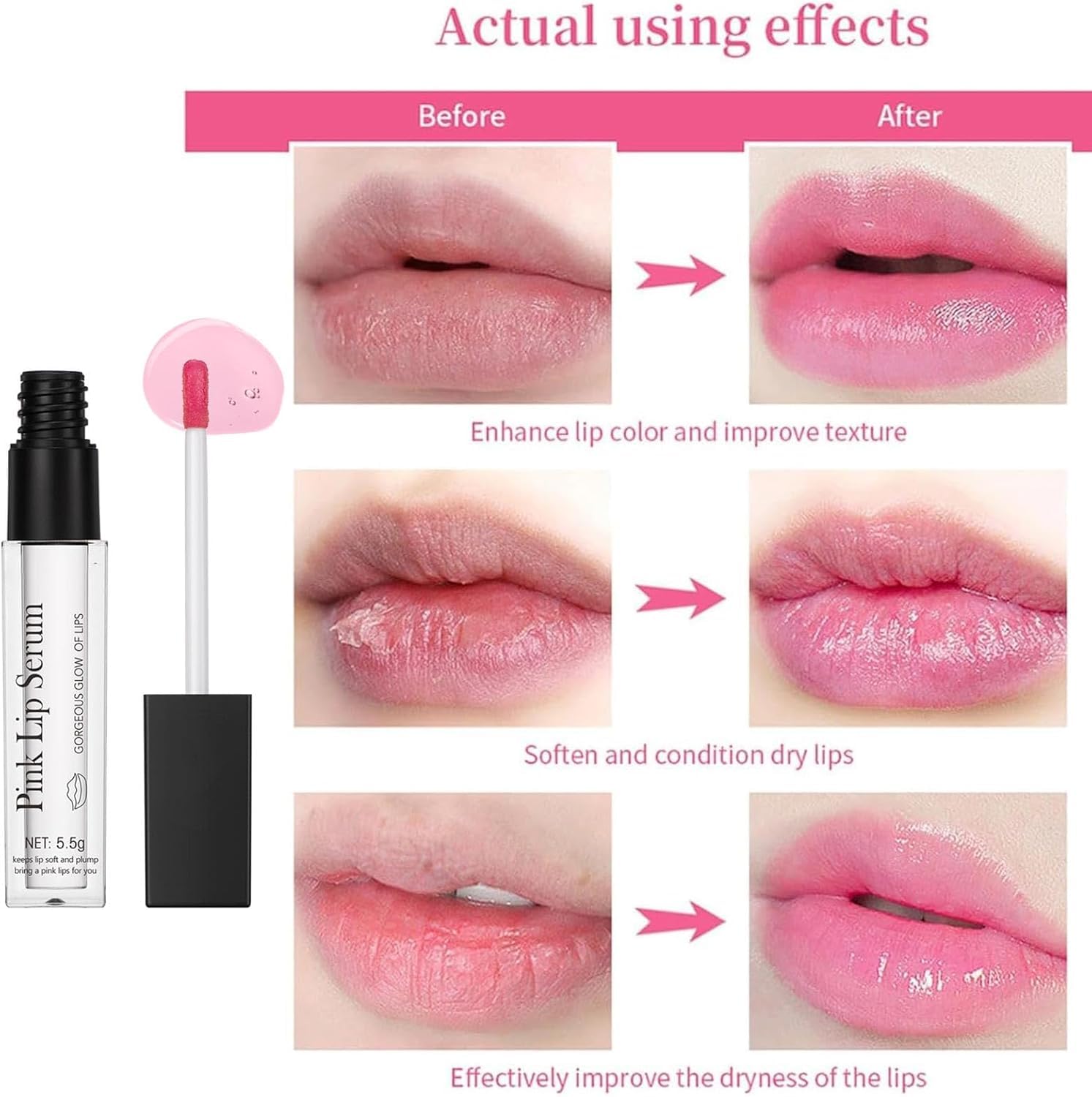 2PCS Pink Lip Serum Plumper, Color Changing Lip Gloss, Pink Lip Serum Plump Gorgeous Glow of Lips, Pink Lip Serum Plumping, Glow Color Changing Lip Oil