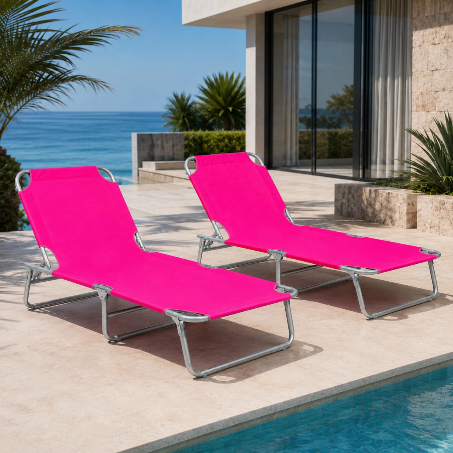 Coppia Di Lettini Pieghevoli Prendisole Senza Tettuccio Parasole Schienale Reclinabile Regolabile Struttura In Metallo Sedia Sdraio Per Spiaggia Mare Giardino Piscina Rosa