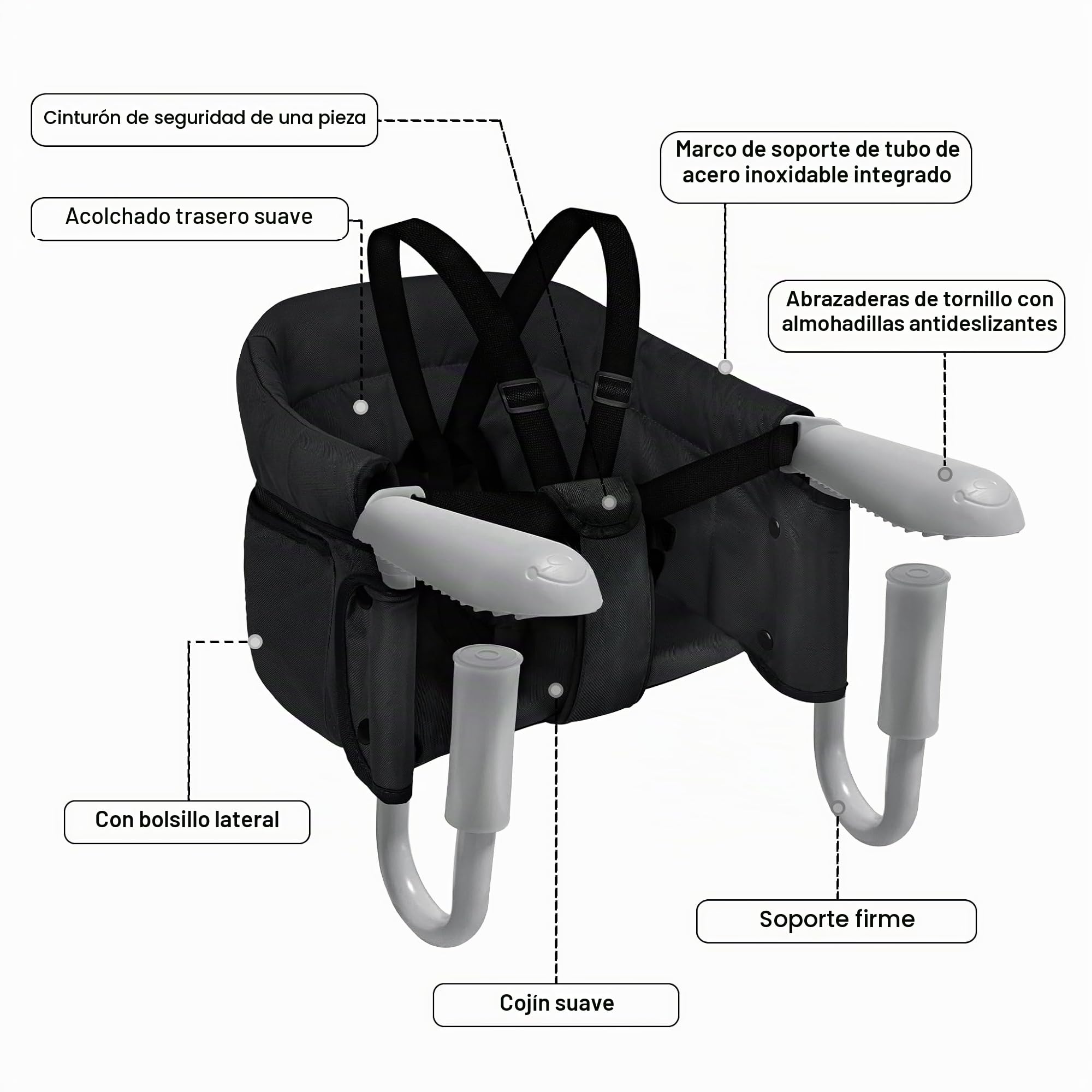 LZQ Asiento de mesa para bebé de 6 a 36 meses, silla elevadora plegable, para mesas de 2 a 8 cm de grosor, para niños, comida, silla con pinzas antideslizantes y bolsa de asiento (negro)
