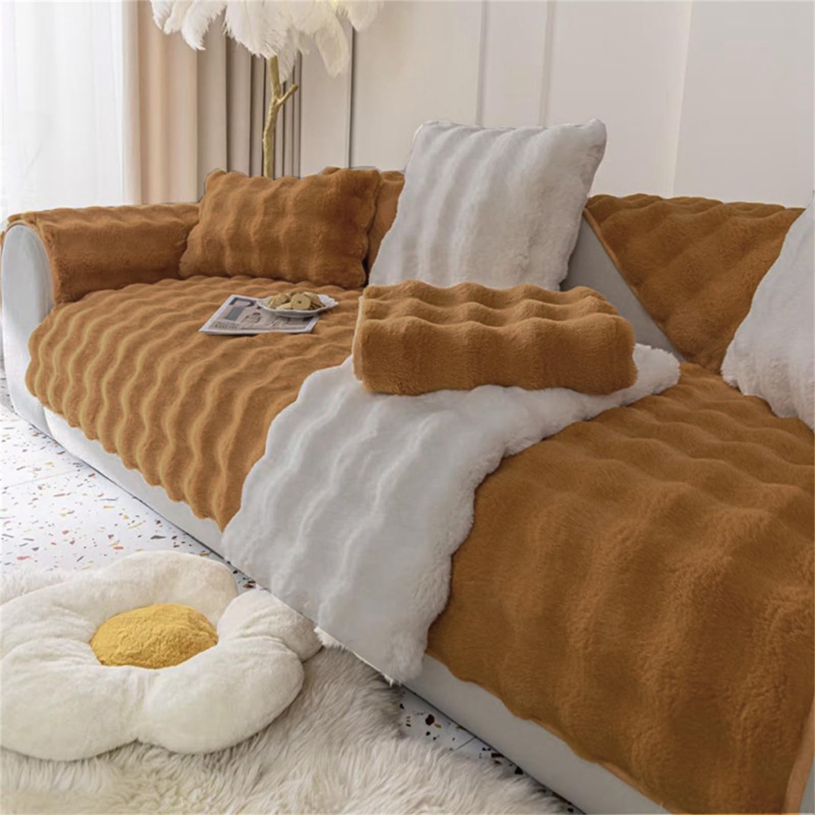 Rabbit Plush Sofa Cover 1 2 3 Seater, Sofa Slipcover Corner L Shape Thick Warm Couch Protector Anti-slip Caravan Seat Cushion Covers for Kids, Pets (Coffee,W 110cm×L 110cm)