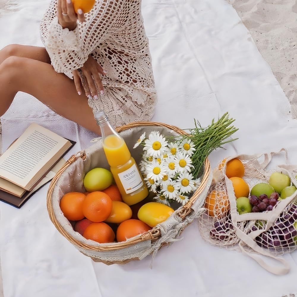 Large Wicker Picnic Basket with Handles,Handle Sturdy Woven Body with Removable and Washable Lining,Outdoor Camping,Gift Packing,Garden Picking, Storage.White Flower
