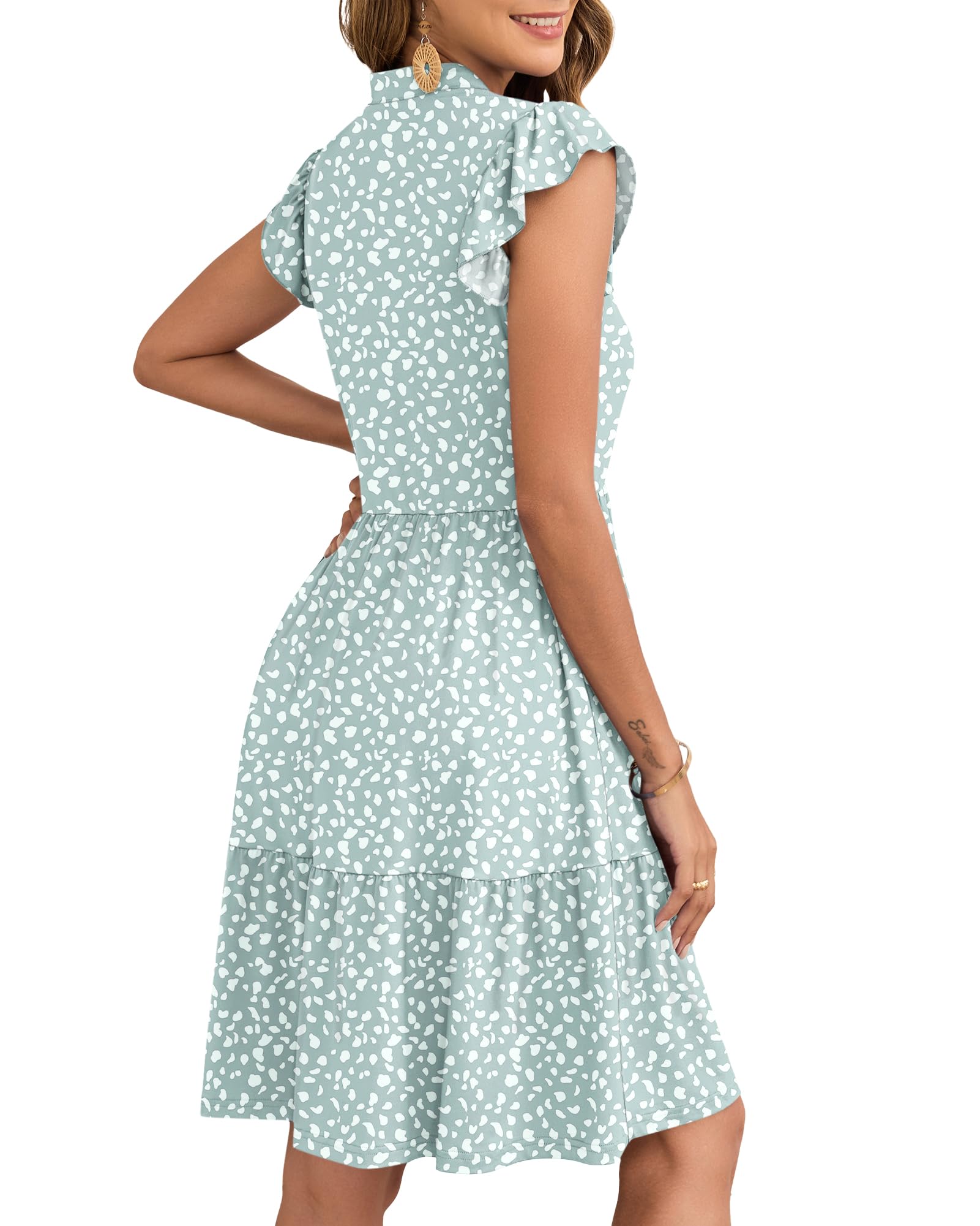 AUSELILY Vestito Donna Estivo con Scollo a V Maniche a Volant Mini Abito Vita Elastica Vestiti Casual con Tasche