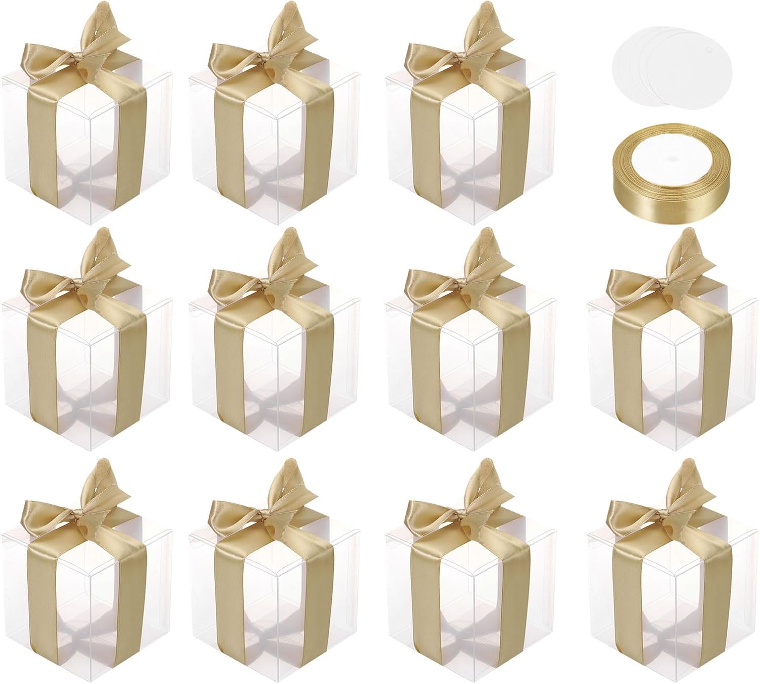 MECCANIXITY 35 Pcs Clear Gift Boxes, 3"x3"x3" Clear Boxes for Favors with Gold Ribbon Blank Tag, Plastic Gift Box for Wedding, Party Favors, Candy Boxes, Home Birthday Decor