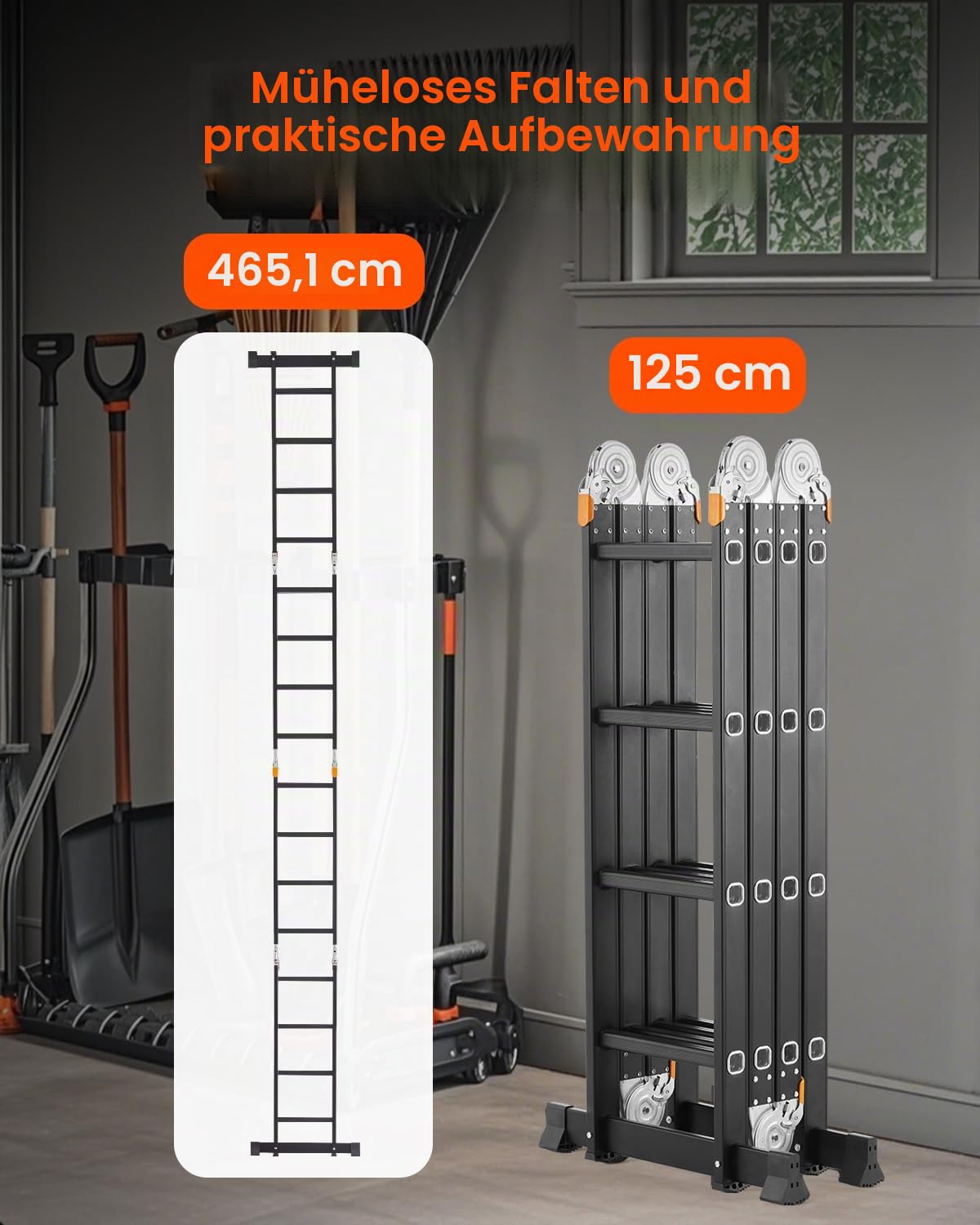 VEVOR Mehrzweckleiter, 7-in-1-Multifunktionsleiter, A-Rahmen mit 4 Stufen und Gerüstbrett, Teleskopleiter, Leitergerüst 4650 mm, strapazierfähig, 150 kg Tragkraft, für den Außenbereich