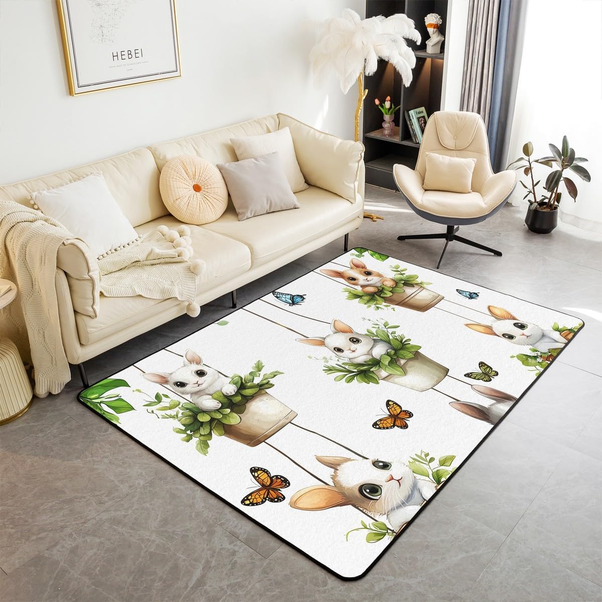 Erosebridal Kawaii Rabbit Area Rug,Cute Rabbit Decorative Rug 5X7,Colorful Butterfly Indoor Floor Mat for Boys Girls Children Teens,Natural Potted Plants Carpet Botanical Floral Living Room Rugs