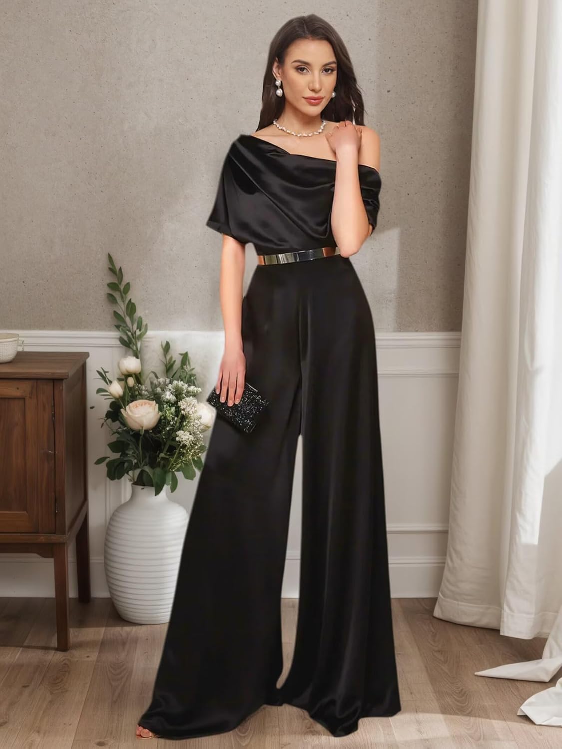 One Shoulder Mother of The Bride Jumpsuit Long for Women 2026 Satin Formal Wide Leg Half Sleeve Romper - Image 3