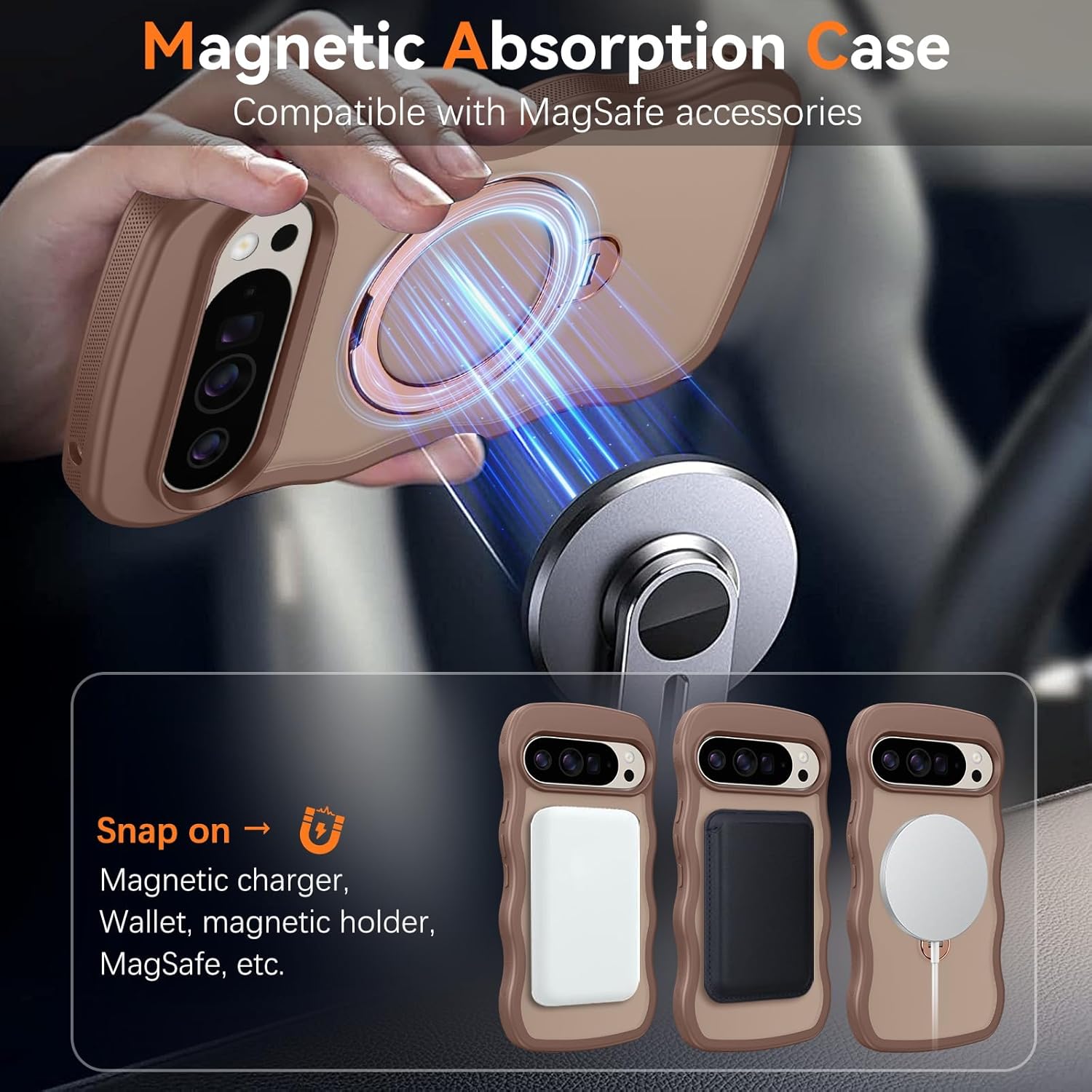 for Google Pixel 10 Pro XL Case with Invisible 360° Magnetic Stand [Compatible with Magsafe] Cute Curly Wavy Phone Case Pixel 10 Pro XL Kickstand Women Men Shockproof Cover, Desert Titanium