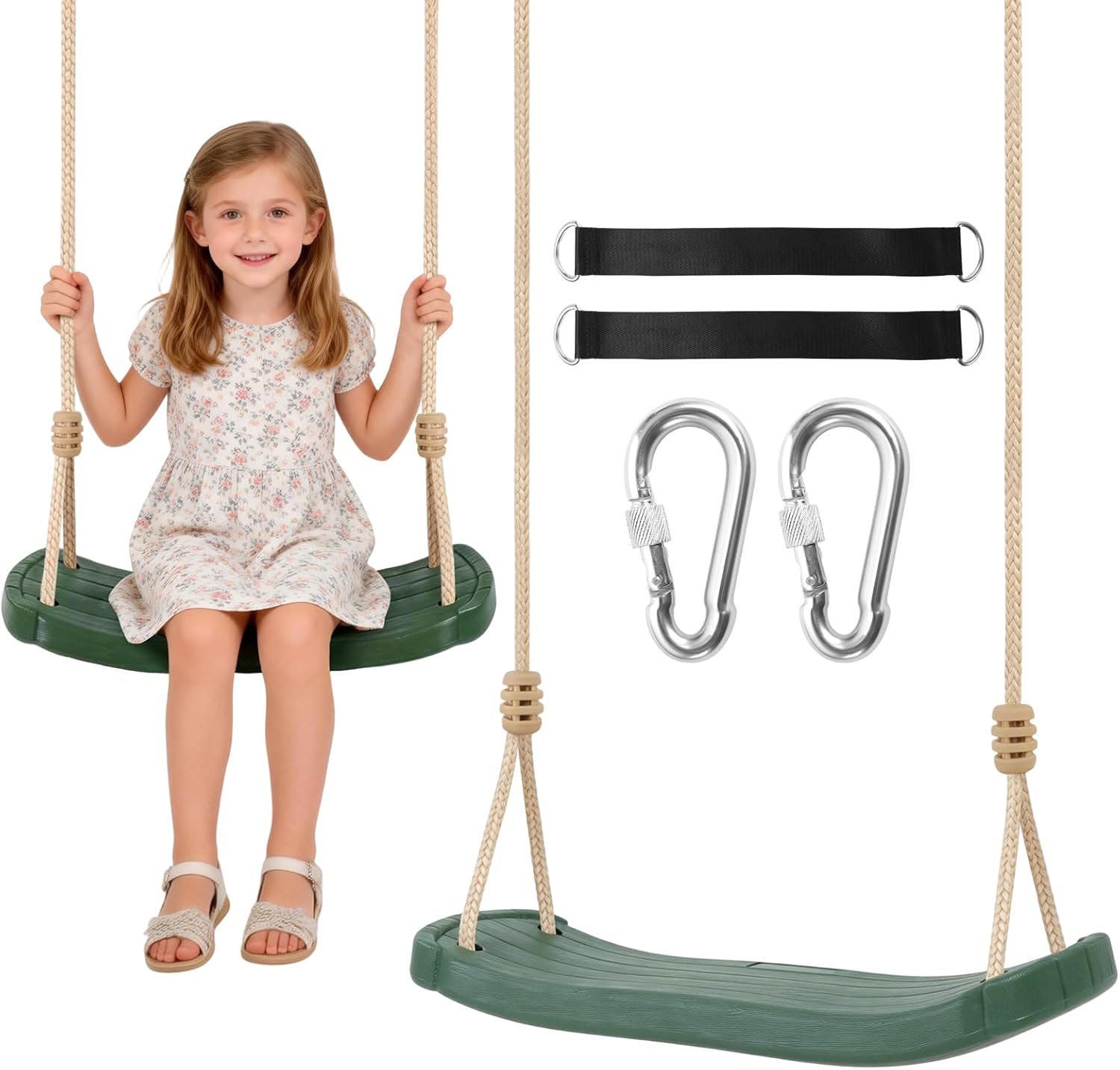 Kids Tree Swing Seat with Tree Straps and Carabiners, Heavy Duty Ergonomic Straight Swing Set for Backyard, Indoor & Outdoor Rope Swing, 264 lbs，Green