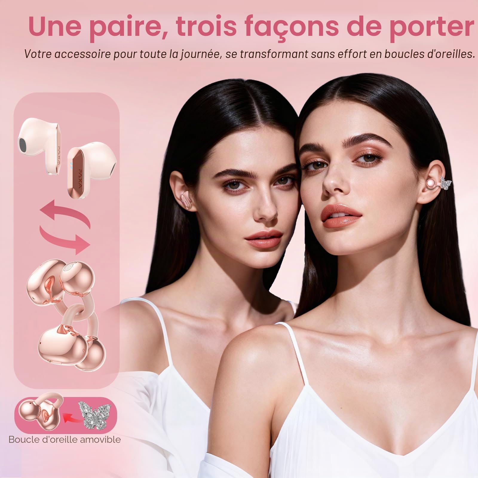 PAXA 3 en 1 Écouteurs Bluetooth sans Fil – Écouteurs avec Clip Bijou Amovible, Open-Ear Sport Écouteurs Wireless Earbuds 140H d'Autonomie, Bluetooth 6.0, IPX5 pour Runing Cyclisme, Ctbuds Rose Gold