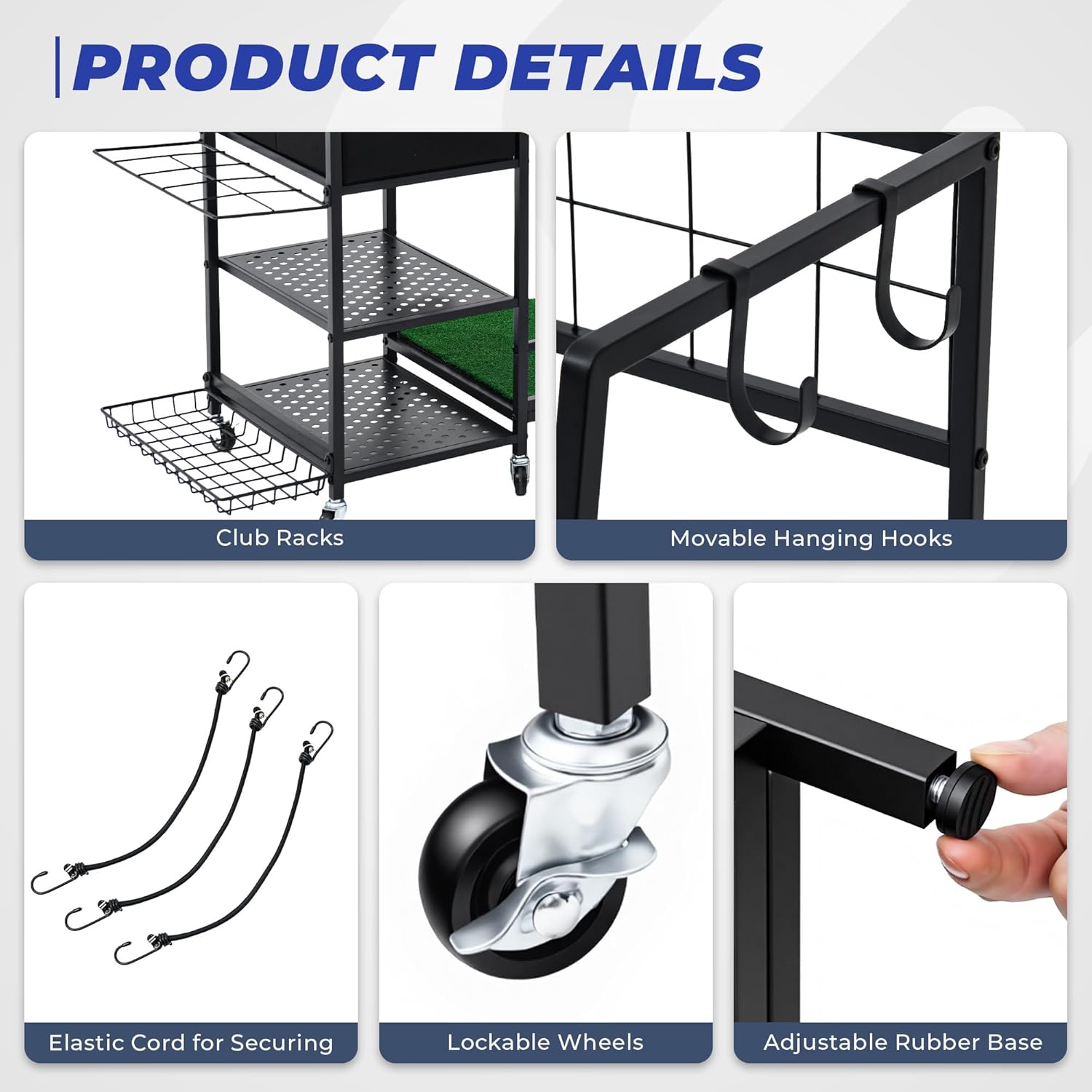 Golf Bag Organizer Storage Rack, Rolling Golf Storage Organizer for Garage, Golf Equipment Holder with Wheels, Turf Mat, Carbon Steel