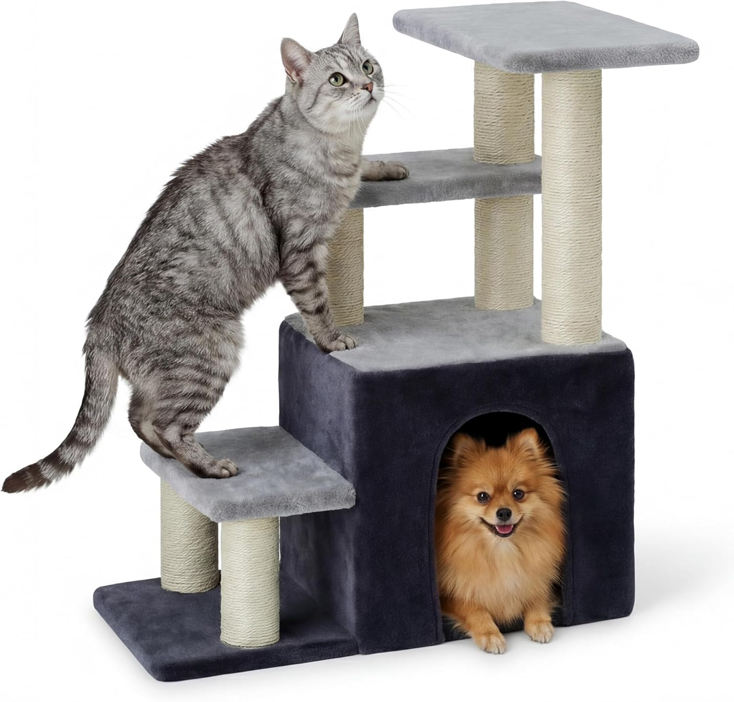Heybly Pet Stairs for Cats, 29.5 inch High Dog Steps for Small Doggie Rabbits, 9.8''Depth Cat Stairs, Indoor Cat Ladders for High Bed for Pet's Joints, 1 Condo Cave, 6 Sisal Scratcher HSP002SGW