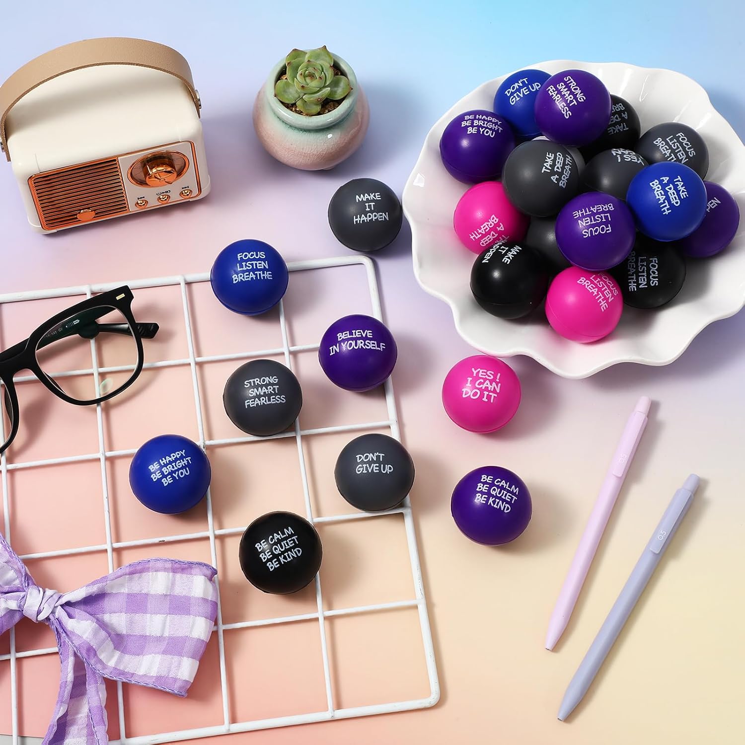 Shappy 54 Pcs Inspirational Stress Relief Balls Motivational Stress Ball Encouraging PU Bulk Balls for Adults Small Therapy Fidget Relief Toys for Valentines Gifts (Multicolor)