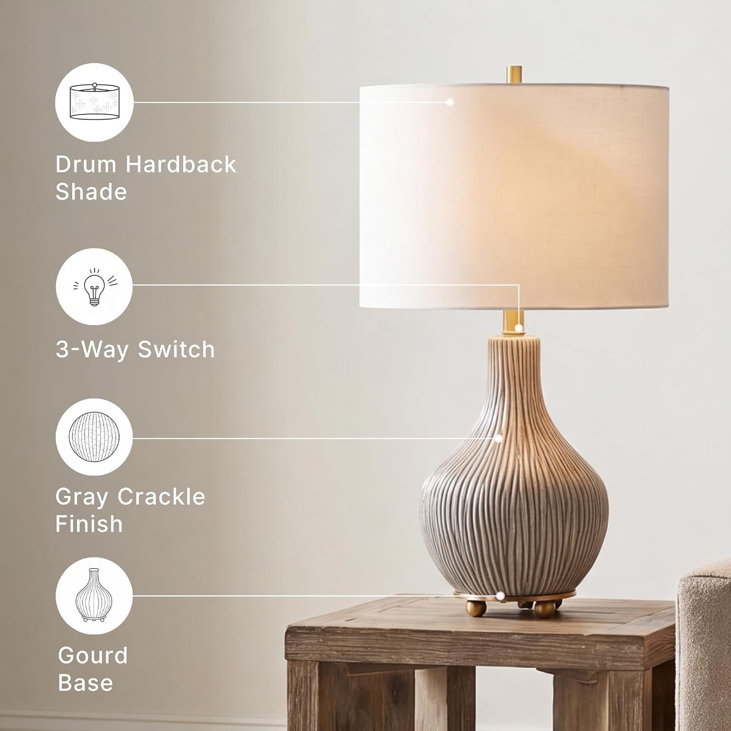 Signature Design by Ashley Table Lamp, 25 in Gourd, 3-Way Switch, Gray | Artisan gourd base with goldtone feet, Preassembled cotton drum shade with 3-way switch and 93-inch cord, Judlen Series