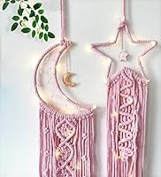 Vista 5 de Atrapasueños de Estrella y Luna, Atrapasueños Rosa Decoración de Habitación, Atrapasueños de Macramé Decoración de Pared para Dormitorio de Niñas