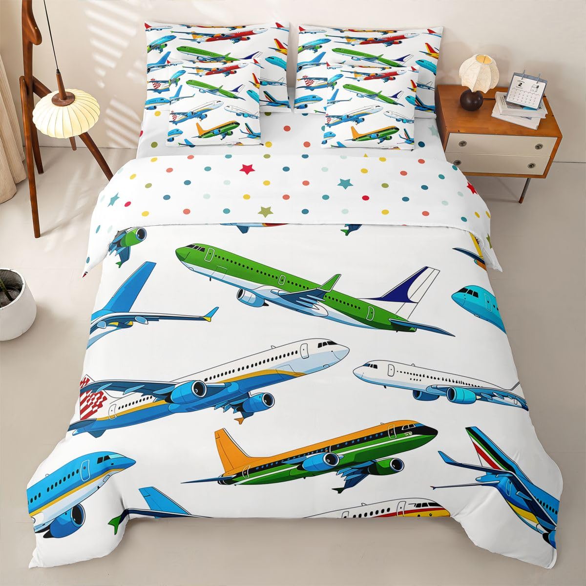 Flugzeug Bettwäsche 135x200 7teilig für Kinder Jungen Mädchen Flugzeug Fliegen Bettwäsche-Set 1 Bettbezug,1 Spannbettlaken,1 Bettlaken,2 Kissenbezüge,2 Dekokissenbezüge Flugzeug Drucken