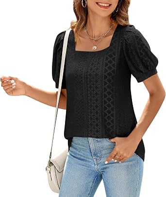 BZB Womens Eyelet Tops Square Neck T Shirts Short Sleeve Peasant Blouses