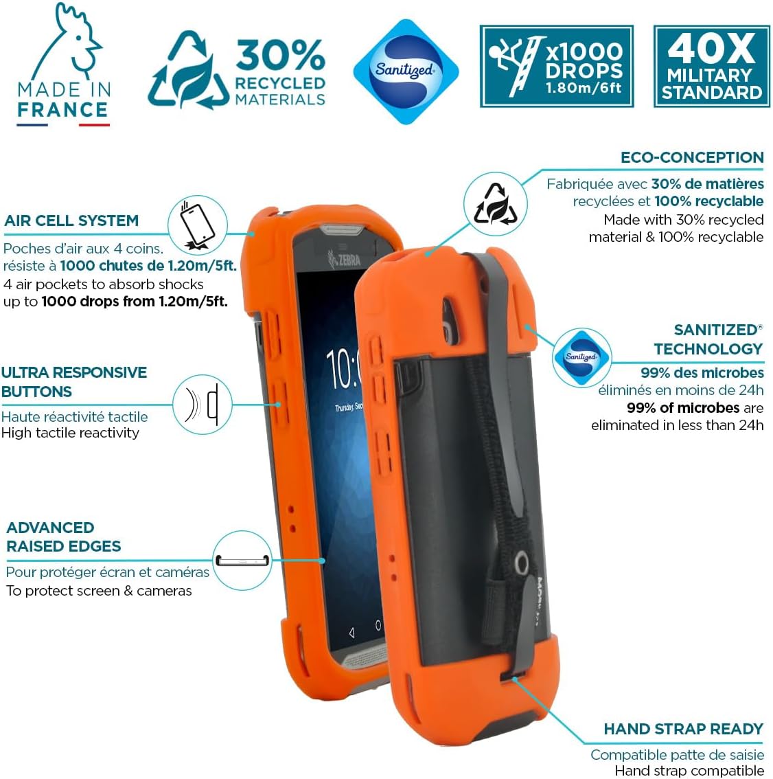 Mobilis Rugged Case for Zebra TC51 TC52 TC56 TC57 with Handstrap, Military Grade Shockproof Protective Cover - High-Visibility & Easy Identification - Recycled Materials - Neon Orange