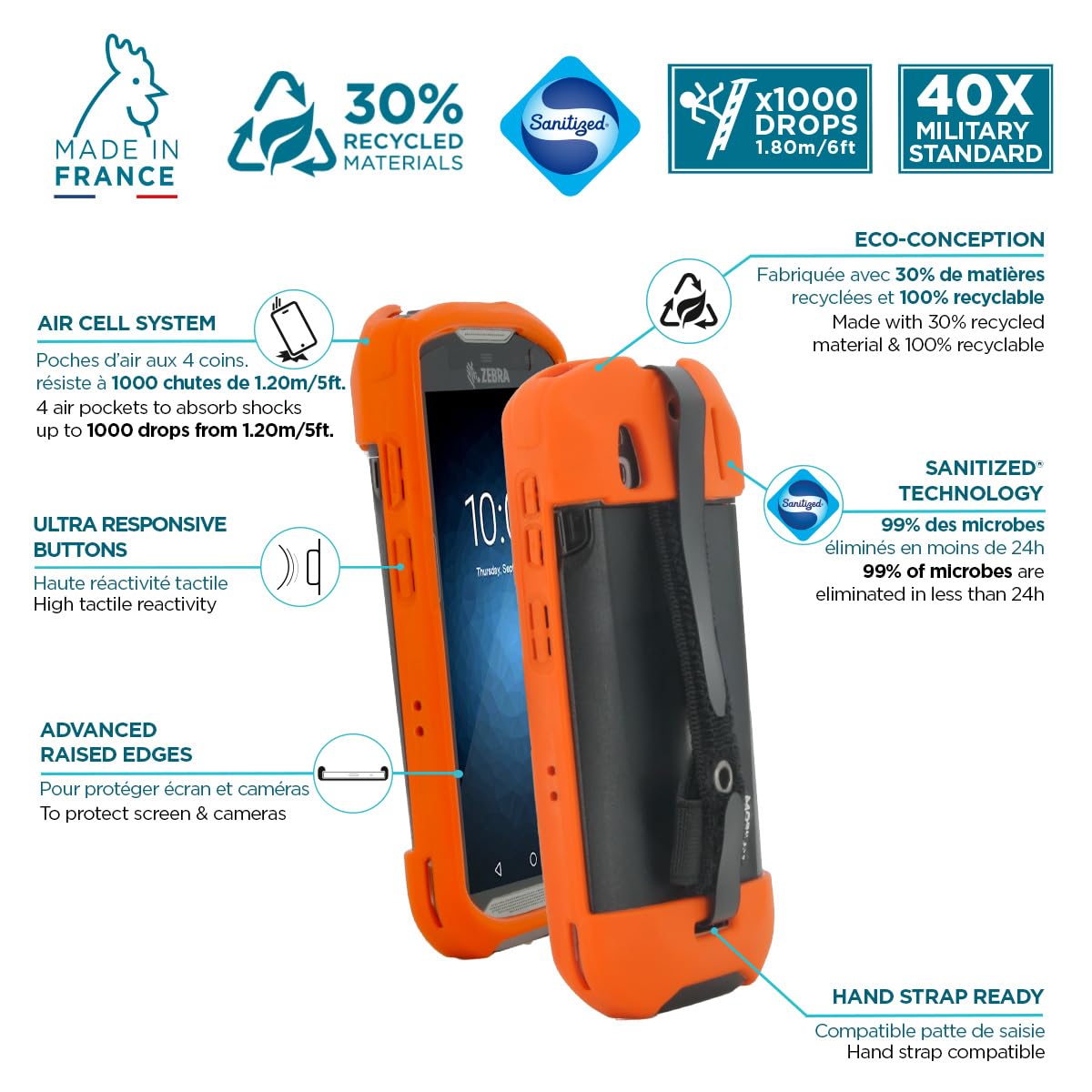 MOBILIS Custodia per terminale Zebra TC51 TC52 TC56 TC57 con zampa di sequestro e porta penna, custodia rinforzata protezione militare, prodotta in Francia, Antimicrobico, arancione fluorescente