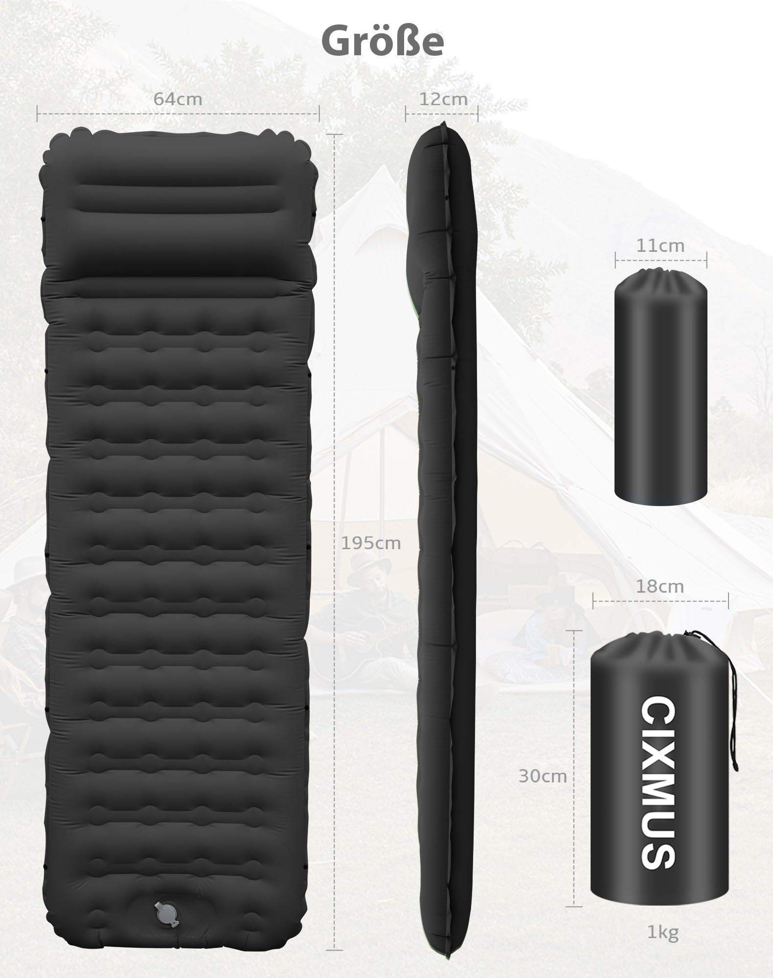 Aufblasbare Isomatte Camping mit Fußpumpe und Kopfkissen, 12 cm verdickt – Bequem, Ultraleicht, Kleines Packmaß, Koppelbar – Ideal für Wandern, Zelten und Reisen