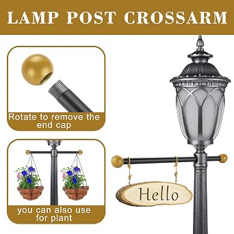Canomo 15.75 Improved Lamp Post Cross Arm Ladder Rest with 1-3/8 Inches Threaded Metal Ball for Outdoor Lamp Posts and Poles, Black Bar with Brass Caps