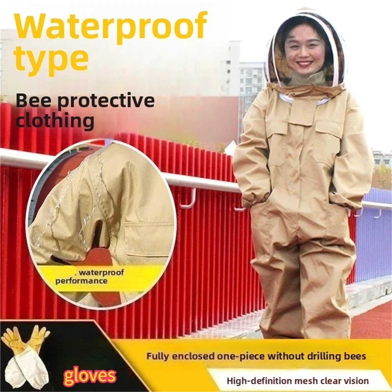 Traje de apicultor Profesional 1 juego completo de ropa protectora transpirable, impermeable y anti-abejas for apicultura captura abejas(Khaki,150-165CM)
