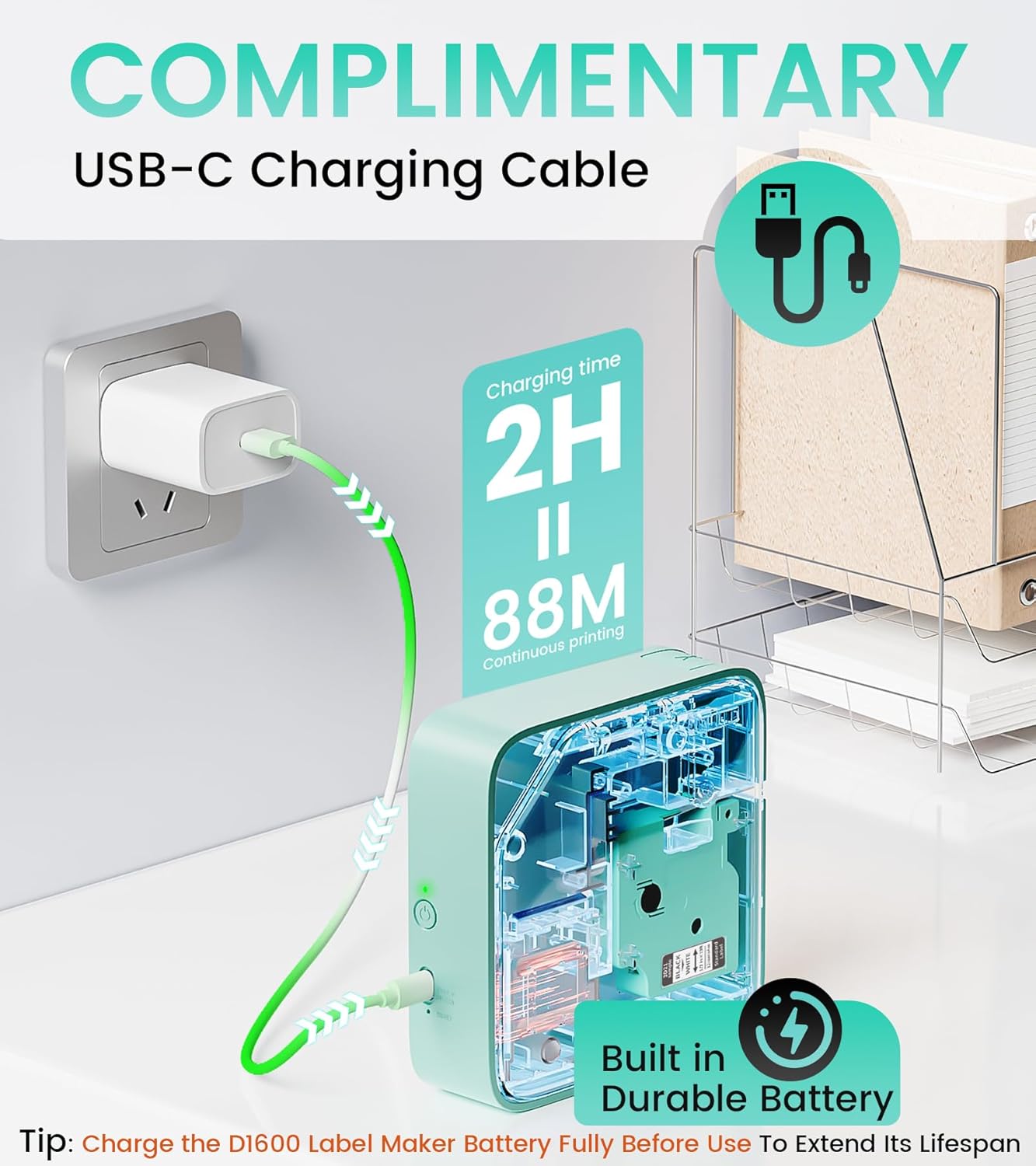 Vixic D1600 Label Maker connected to a USB-C charger