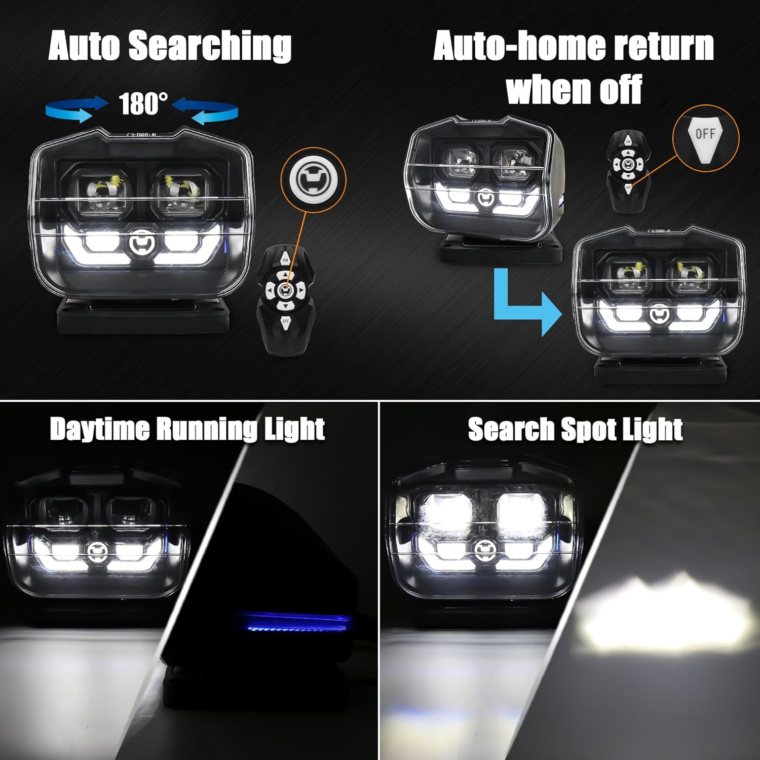 LED Search Light Wireless Remote Control 360° Rotating Searchlight with Strong Magnetic Base&Permanent Mount Automatic Search LED Truck Spot Light for Boat Marine SUV Farm Field