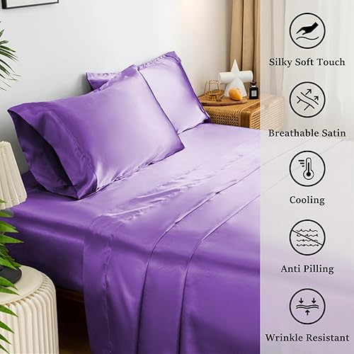 Miniatura 3 de KACEMOO Sábanas de satén tamaño King, suaves y lujosas, juego de sábanas de satén refrescante, juego de sábanas de 4 piezas de bolsillo profundo,