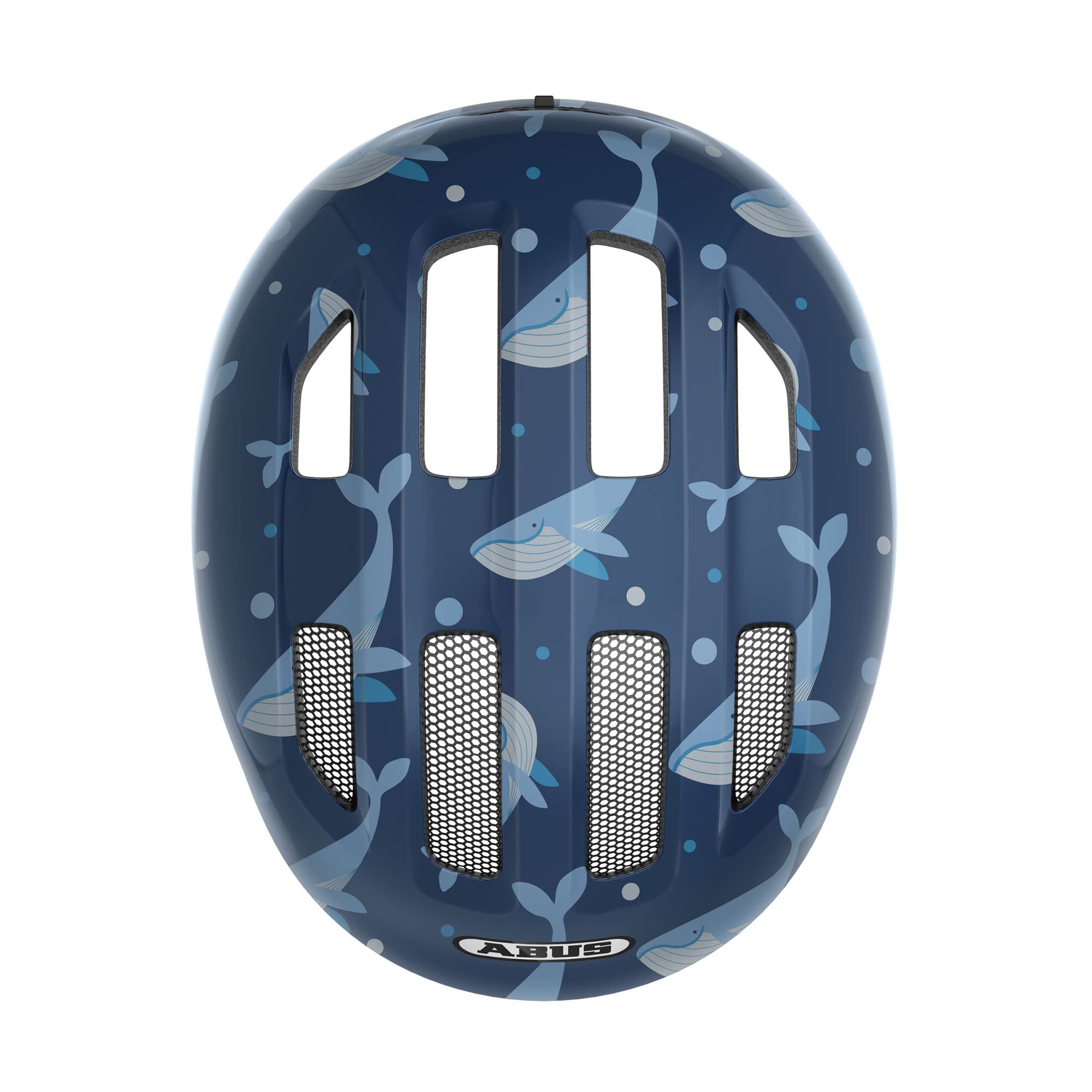 ABUS Kask dziecięcy Smiley 3.0 – kask rowerowy z głębokim dopasowaniem, wzornictwo dostosowane do dzieci i miejsce na warkocz, dla dziewcząt i chłopców – niebieski ze wzorem wieloryba, rozmiar S