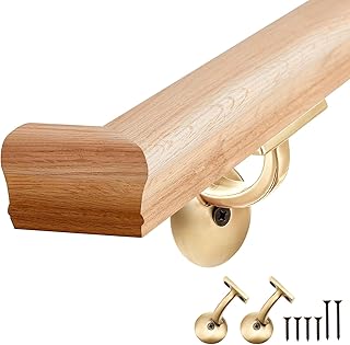 6010 Red Oak Handrail Kit 6 ft with Wall Returns and Wall Mount Brackets Indoor Wood Stairs Handrails Included Screws for Bars Home Corridor Lofts(Brass, Classic Style)
