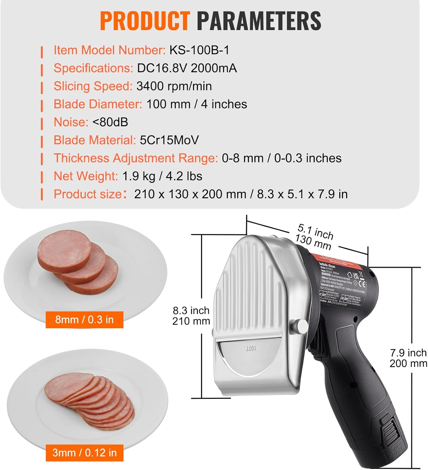 VEVOR Electric Shawarma Knife, Cordless Battery Professional Turkish Knife, Commercial Stainless Steel Gyro Cutter, Doner Kebab Meat Slicer with 2 Blades, Φ4/100mm, 0-8mm Adjustable Thickness