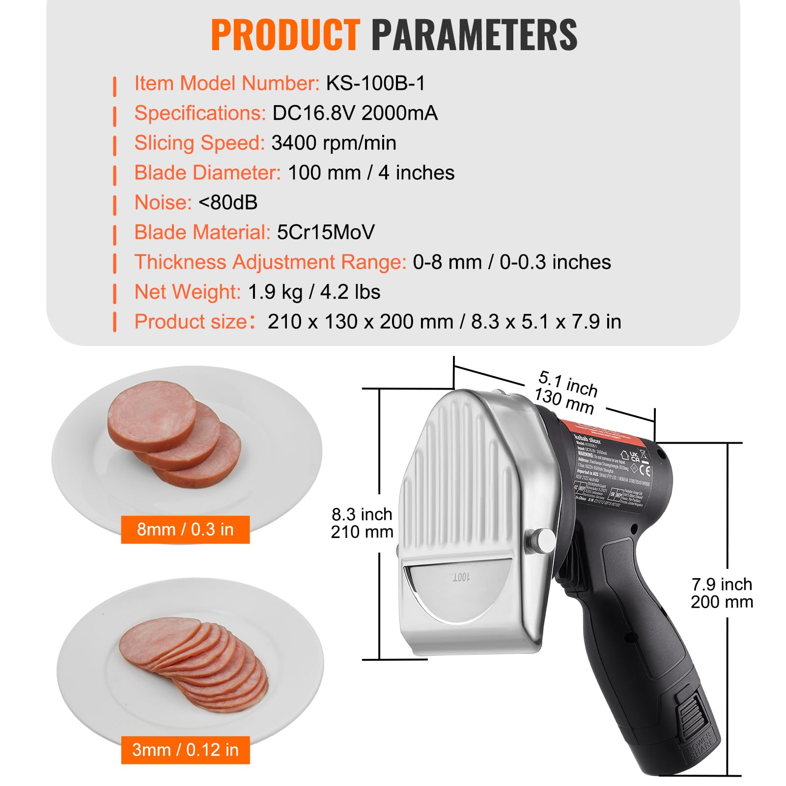 VEVOR Affettatrice Kebab 80 W Affettatrice Kebab, Coltello elettrico a batteria Coltello Gyros, Coltello Shawarma Kebab turco 0-8 mm, Affettatrice Kebab commerciale con lame da 100 mm Nero