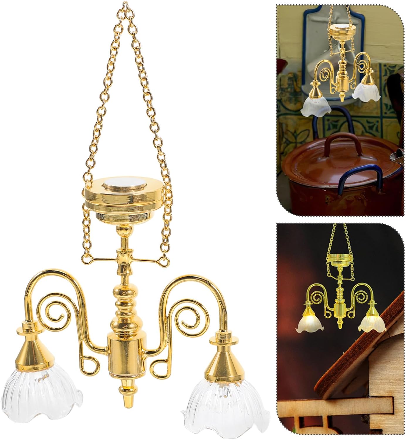 TOYANDONA 2Pcs Miniature Dollhouse Desk Lamp, 1Pc Miniature Dollhouse Chandelier Ceiling Light, Battery Operated