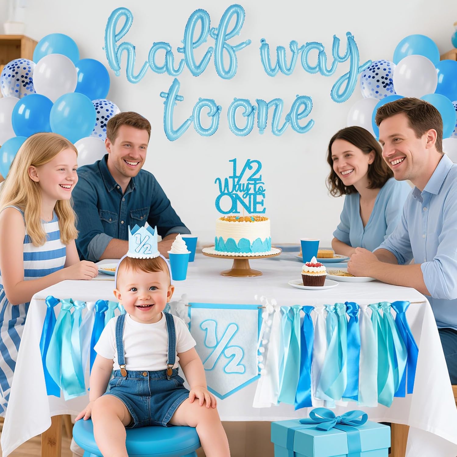1/2 Birthday Boy Decorations, Half Way To One Baby Boy Set with Foil Banner, High Chair Banner, Balloons, Crown, 1/2 Cake Topper for Baby Shower Birthday Party Photo Props Decor (Blue) - Image 7