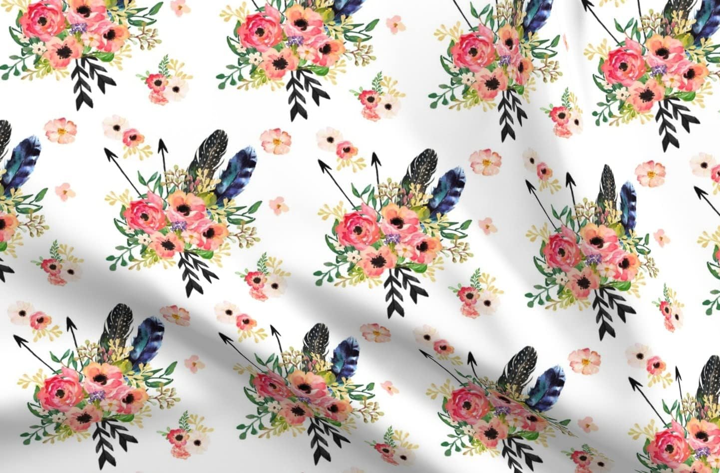 Spoonflower Fabric - Boho, Floral, Arrows, White, Pink, Green, Flowers, Nursery, Girl, Printed on Upholstery Velvet Fabric Fat Quarter - Upholstery Home Decor Bottomweight Apparel