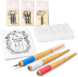 Tachikawa Dip Pen Manga Pen Bundle, 3 Free Pen Holders Blue Pink White, G Nib 3 pcs, Saji Pen Nib 3 pcs, Round Nib 2 pcs, Storage Case and Guide, Made in Japan