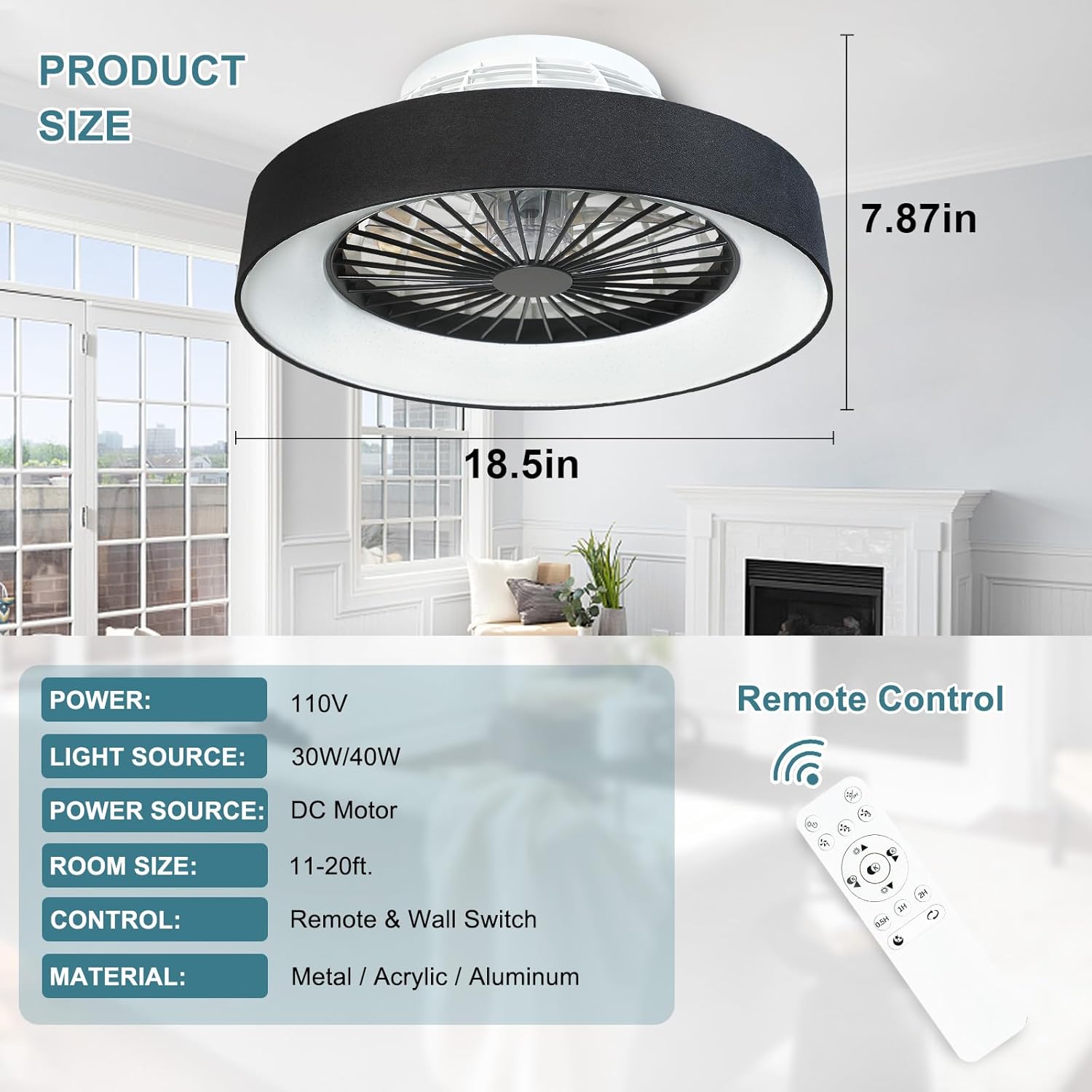DLLT Modern Flush Mount Ceiling Fan with Lights- 18.5’’ Dimmable Low Profile Indoor Ceiling Fans with Remote Control, Smart 3 Light Color Change and Timing for Bedroom Living Room Kitchen, Black