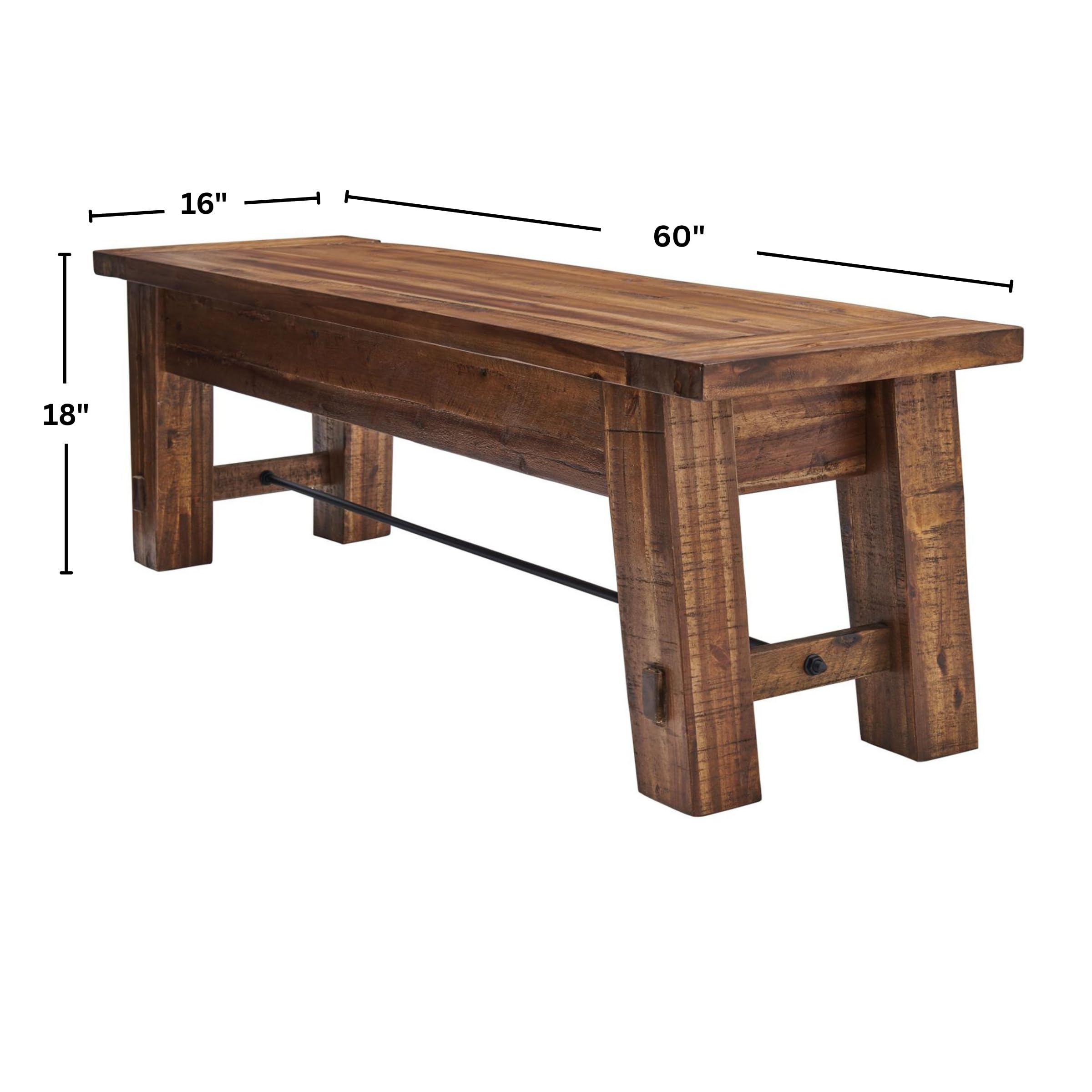 Durango Rustic Farmhouse Style 60-Inch Wood Bench - Industrial Modern Accent Furniture with Solid Wood Seat for Entryway, Dining Room, Hallway, Foyer, or Kitchen by Alaterre Furniture | Large Shoe Bench with Metal Rod Accent, Modern Farmhouse Table Bench